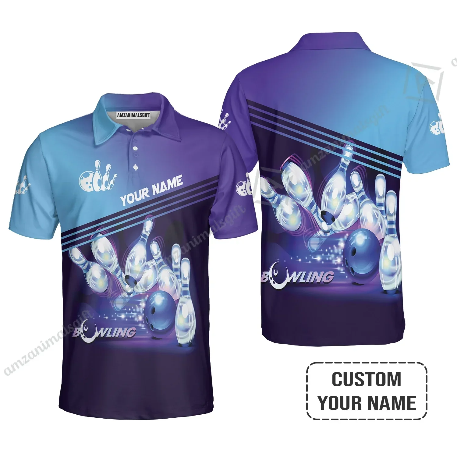 Bowling Polo Shirt With Custom Name, Personalized Blue Bowling Polo Shirt Uniform Players, Perfect Outfits For Bowling Lovers, Bowlers - Image 2