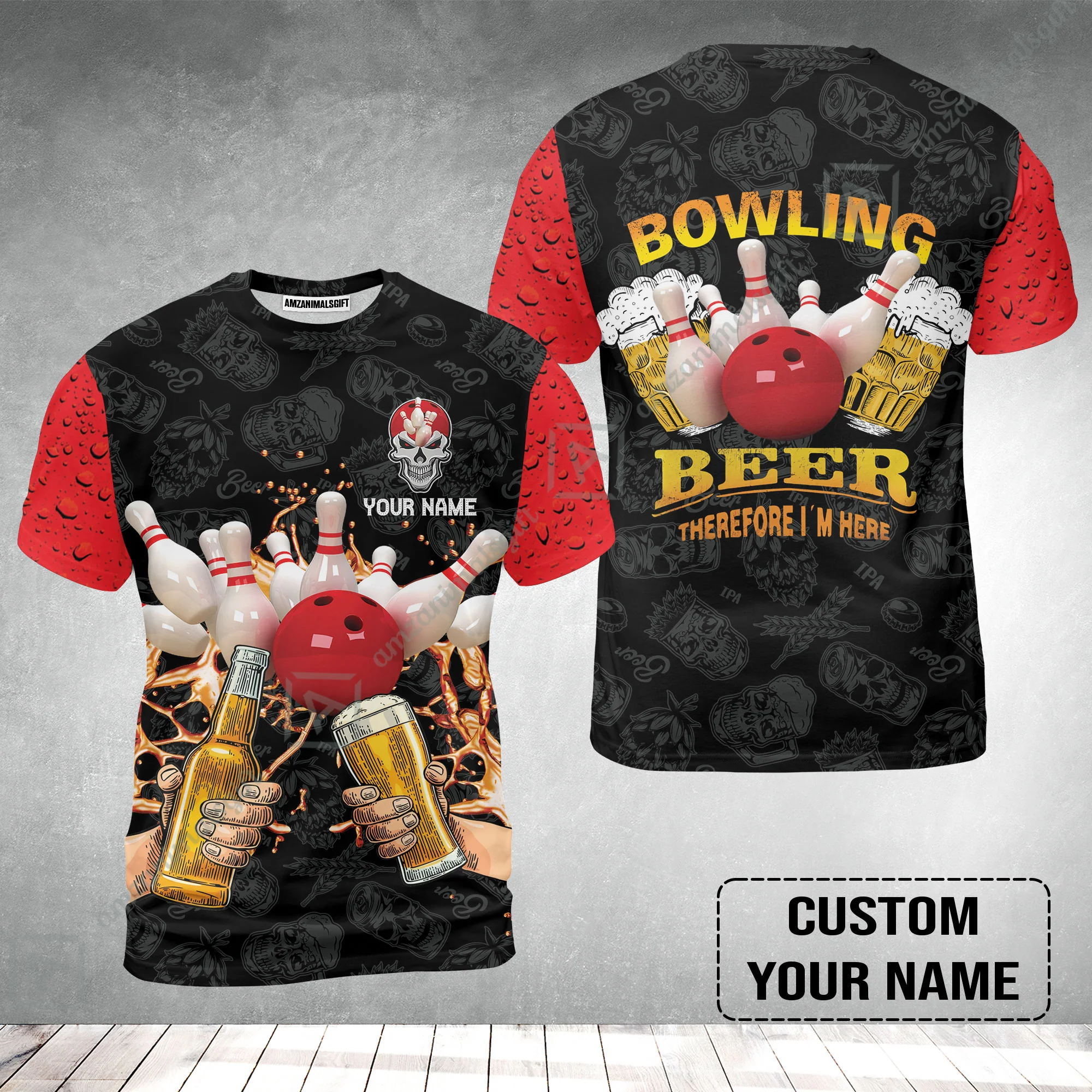Bowling T-Shirt Custom Name, Bowling and Beer Black Red Therefore I'm Here Personalized T-Shirt - Image 2