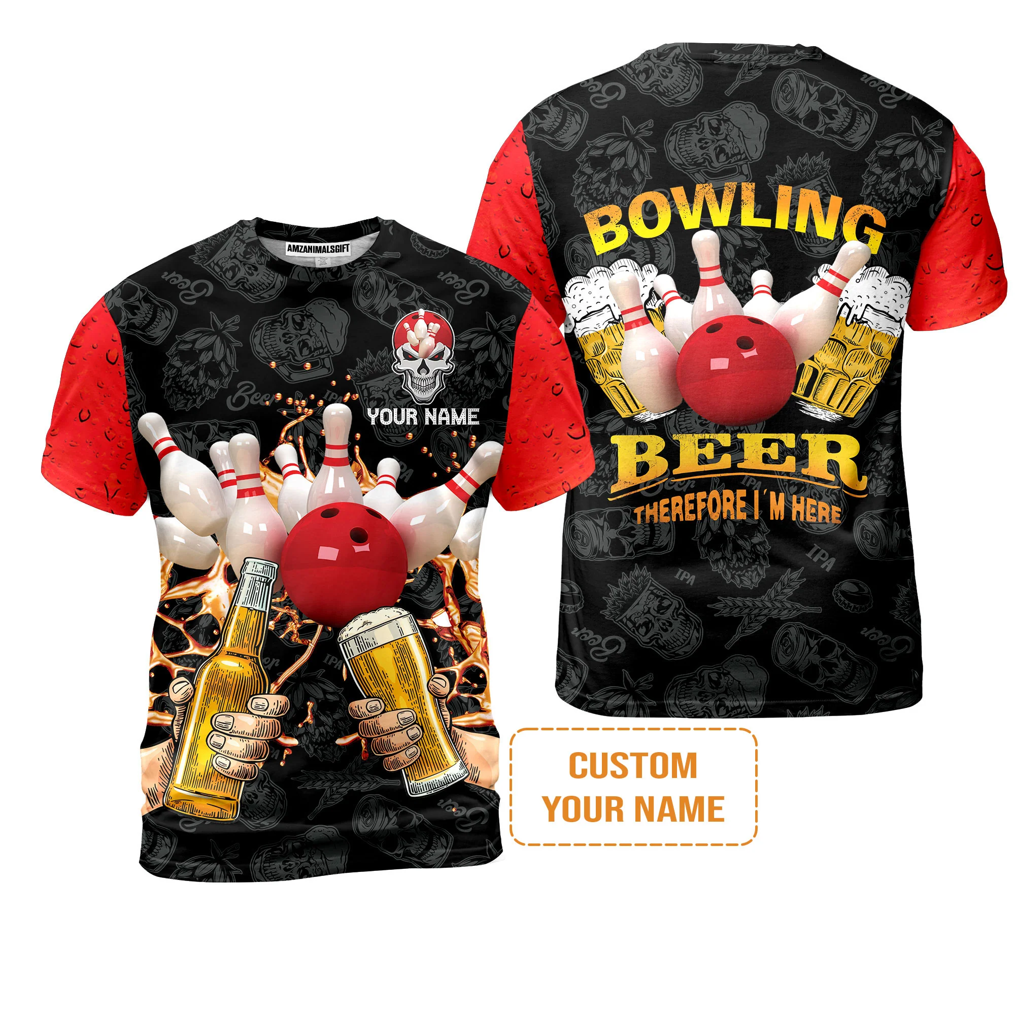 Bowling T-shirt Custom Name, Bowling and Beer Black Red Therefore I'm Here Personalized T-shirt, Gift For Friend, Bowling Lovers - Image 2