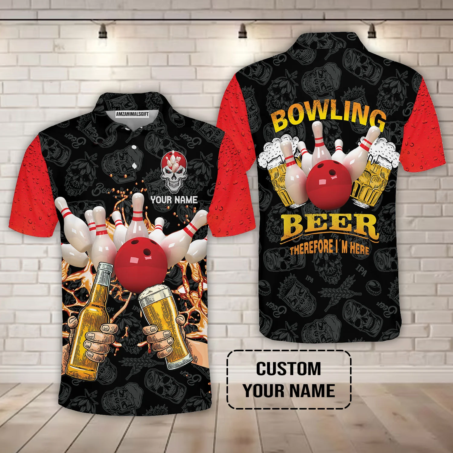 Bowling T-shirt Custom Name, Bowling and Beer Black Red Therefore I'm Here Personalized T-shirt, Gift For Friend, Bowling Lovers - Image 3