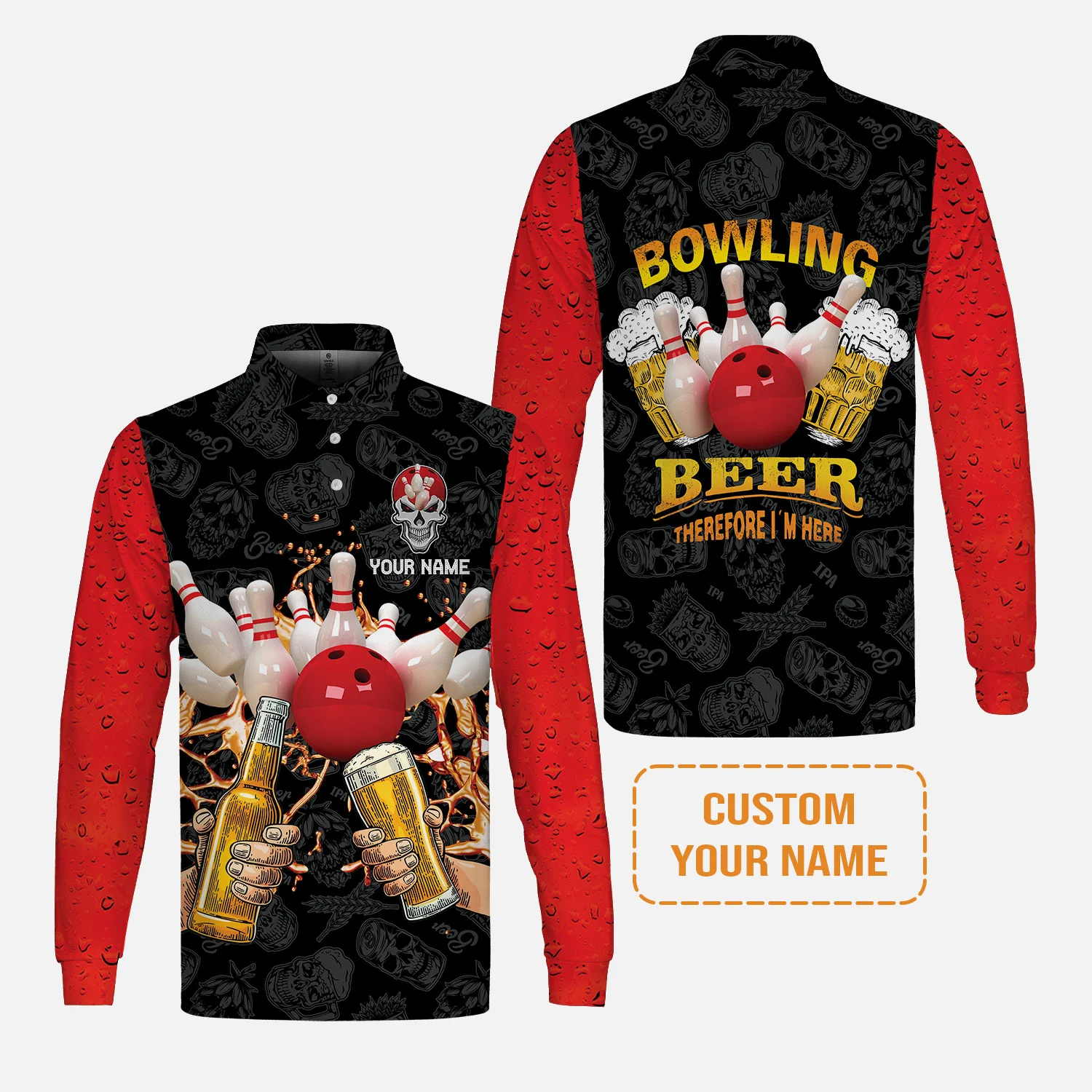 Bowling T-shirt Custom Name, Bowling and Beer Black Red Therefore I'm Here Personalized T-shirt, Gift For Friend, Bowling Lovers - Image 5