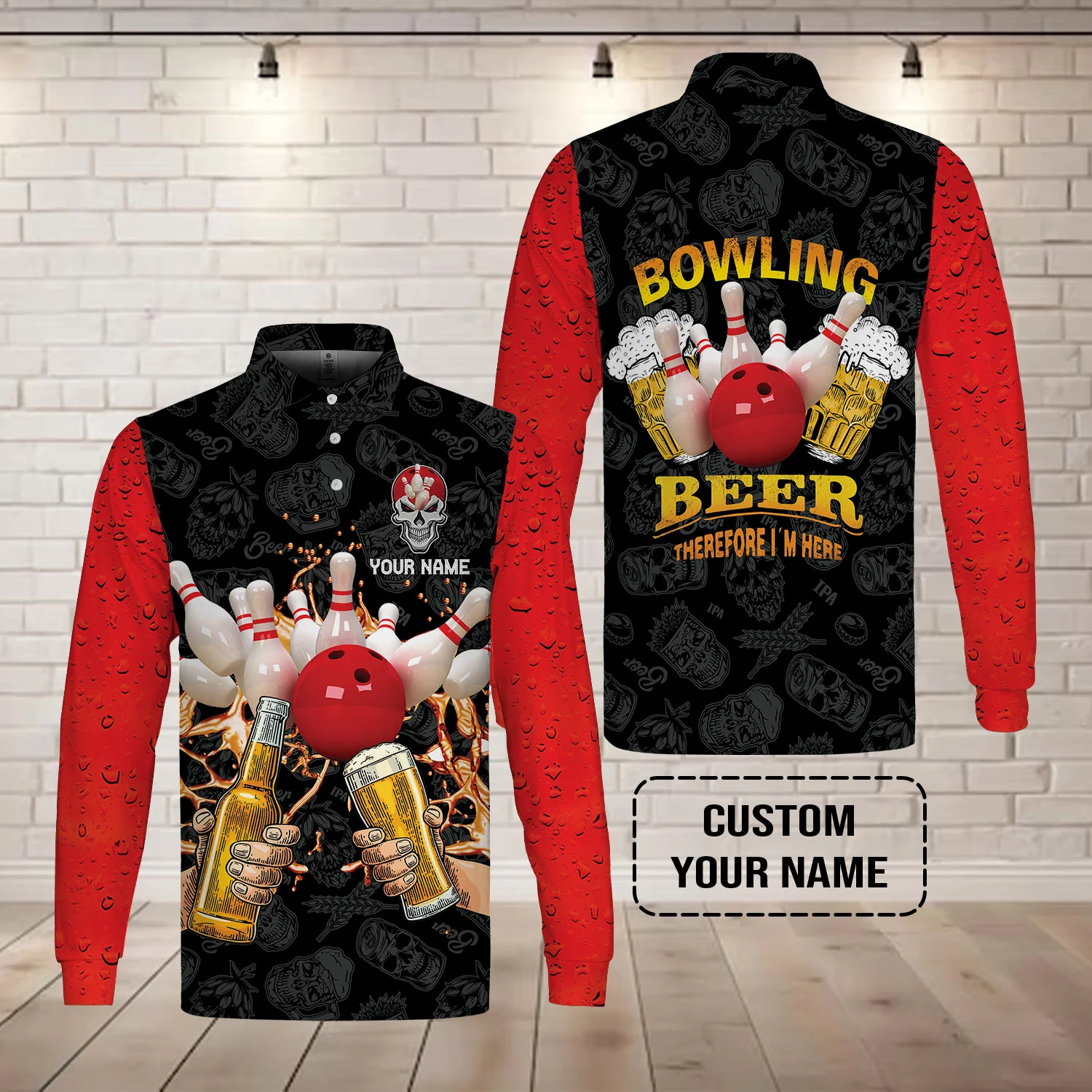 Bowling T-shirt Custom Name, Bowling and Beer Black Red Therefore I'm Here Personalized T-shirt, Gift For Friend, Bowling Lovers - Image 6