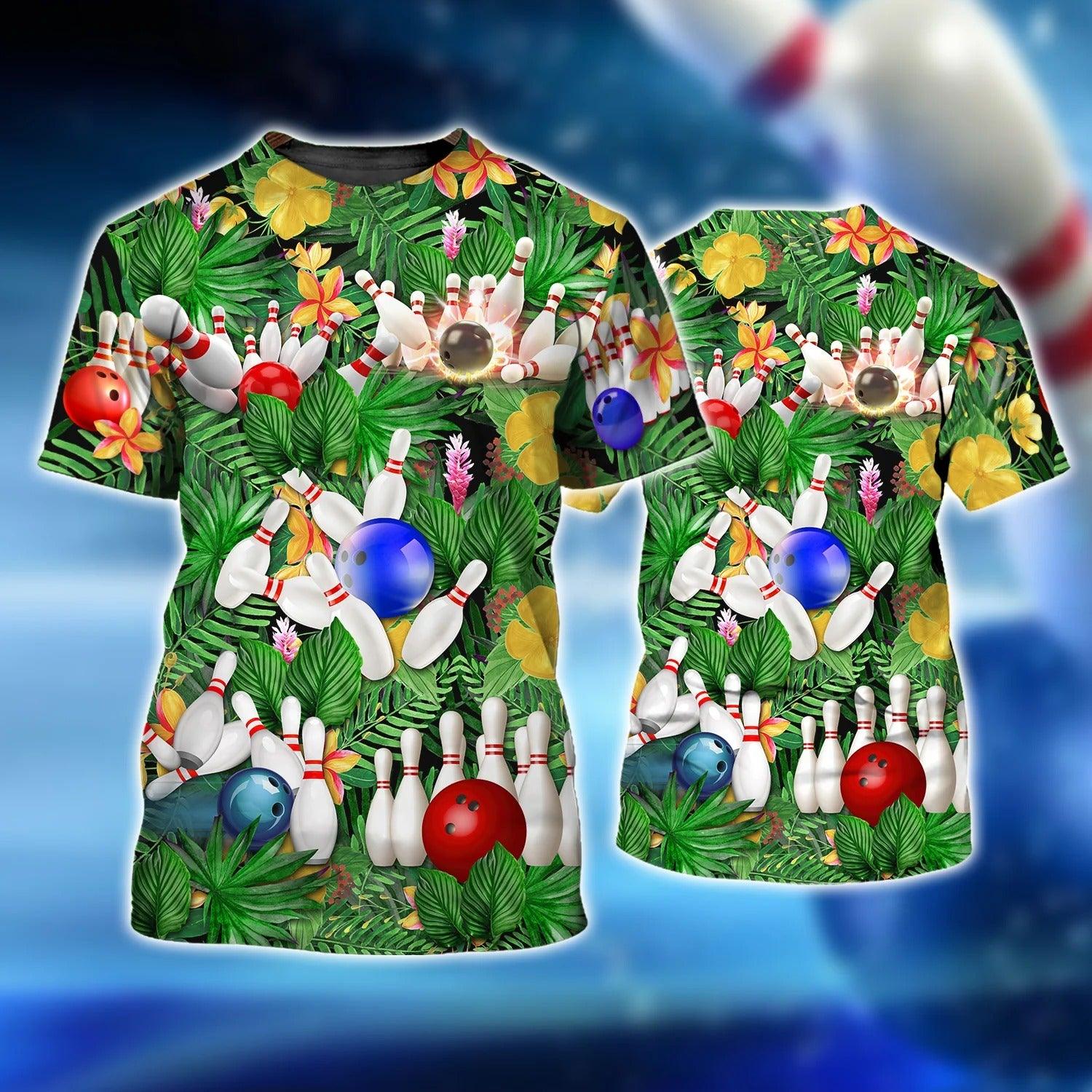 Bowling T shirt - Multiple Bowl And Ball In Flower Hawaii Pattern T-shirt - Gift For Friend, Family, Bowling Lovers