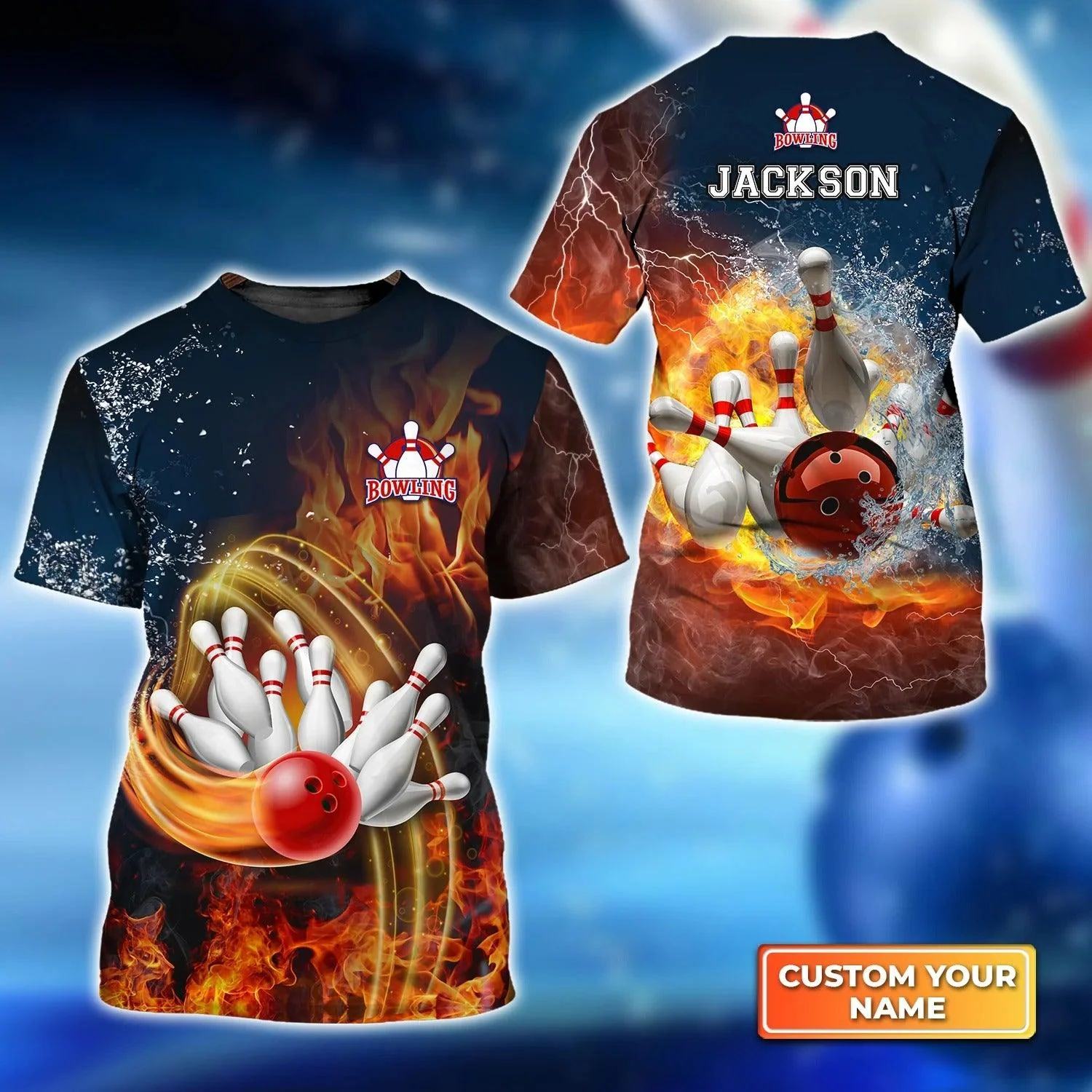 Bowling T shirt Custom Name - Red Bowl And Pins In Water And Fire Personalized T-shirt - Gift For Friend, Family, Bowling Lovers