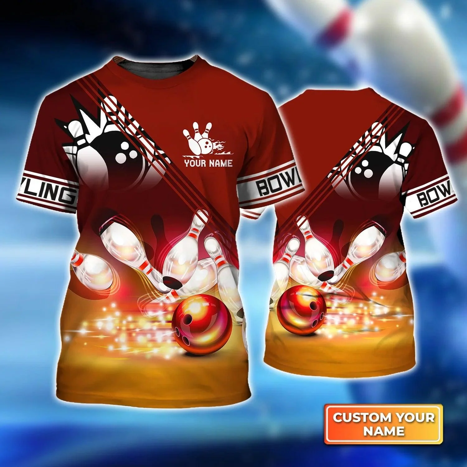 Bowling T shirt Custom Name - Red Bowling Ball Crashing into the Pins Personalized T-shirt - Gift For Friend, Family, Bowling Lovers