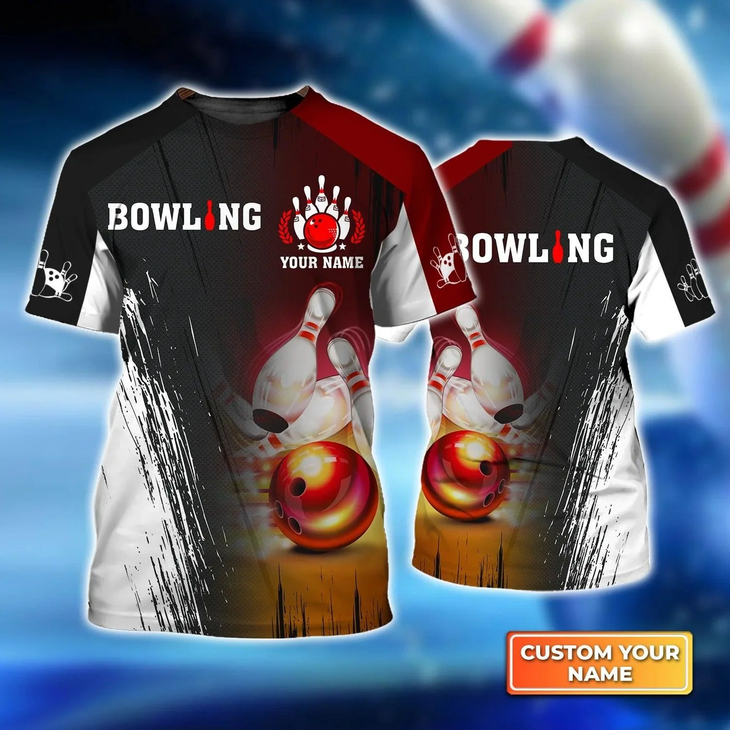 Bowling T shirt Custom Name - Red Bowling Ball Crashing Pins Personalized T-shirt - Gift For Friend, Family, Bowling Lovers