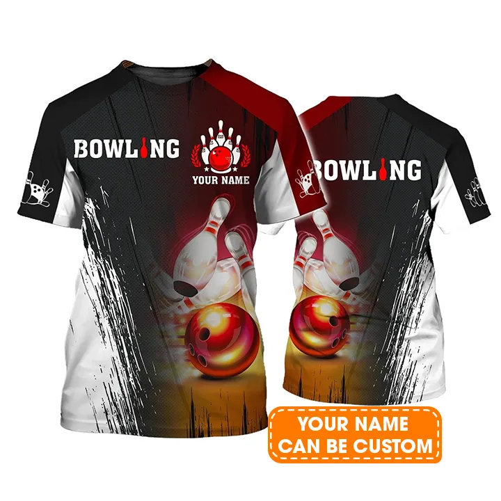 Bowling T shirt Custom Name - Red Bowling Ball Crashing Pins Personalized T-shirt - Gift For Friend, Family, Bowling Lovers - Image 2