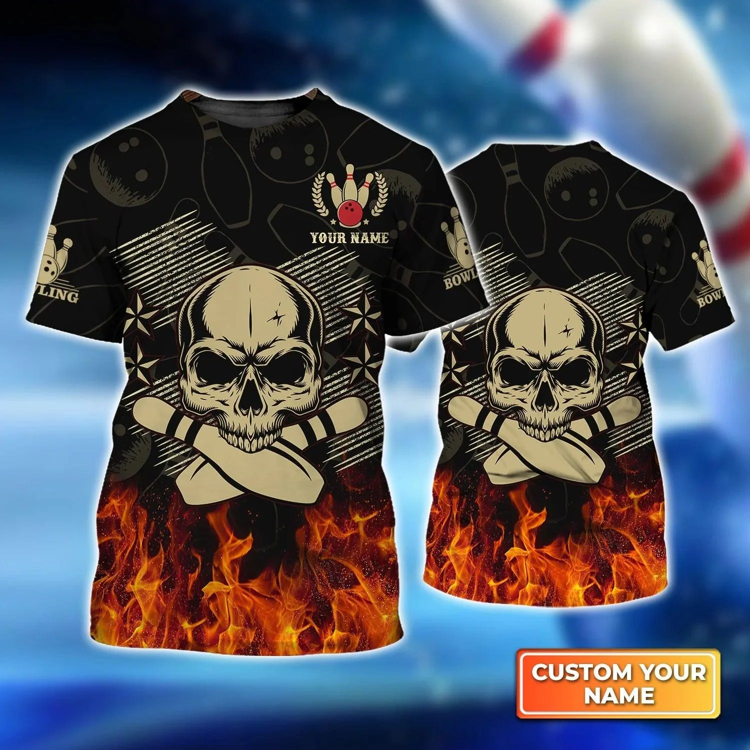 Bowling T shirt Custom Name - Skull Bowling In Fire Personalized T-shirt - Gift For Friend, Family, Bowling Lovers
