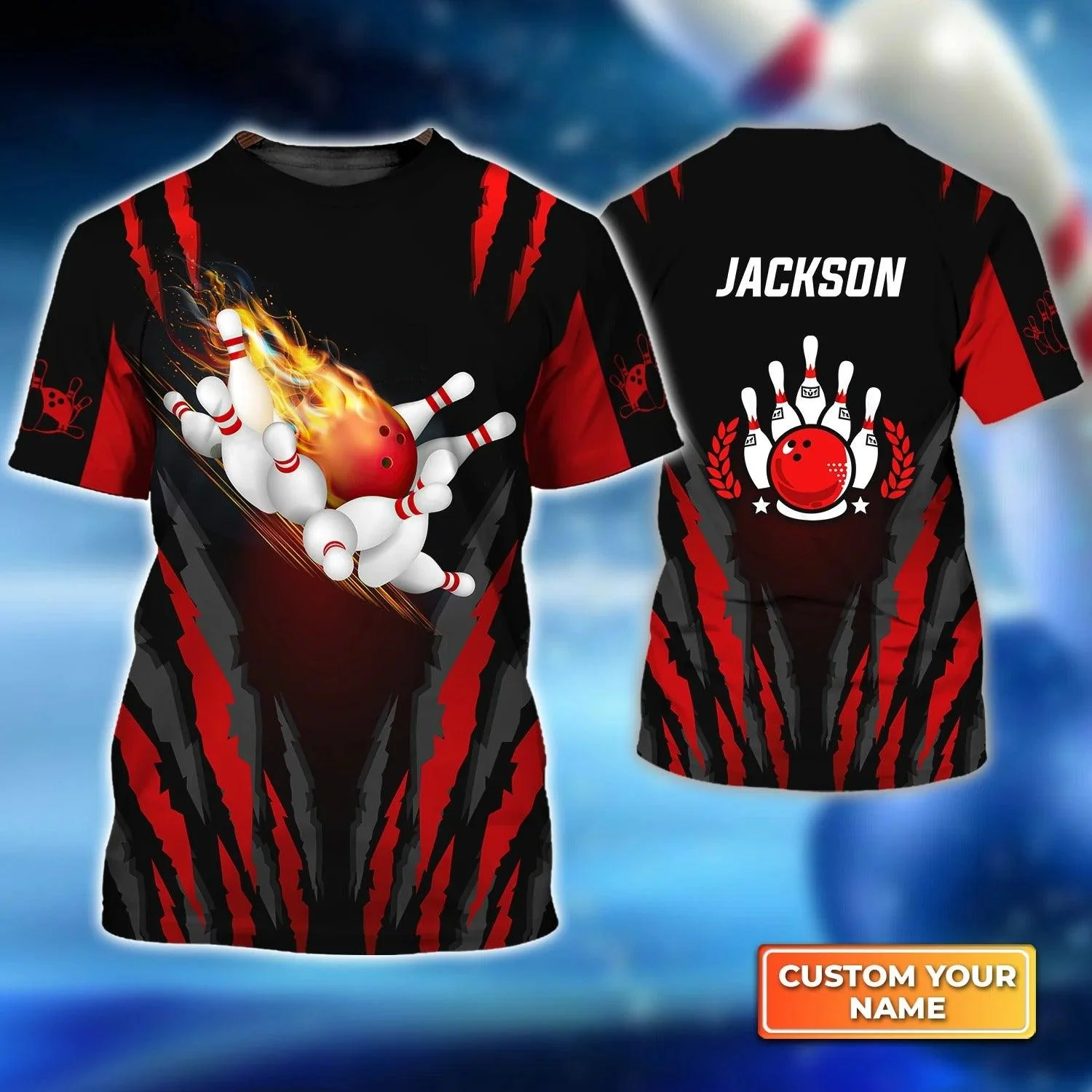 Bowling T shirt Custom Name - The Red Bowling Ball in Flames Breaks White Skittles Personalized T-shirt - Gift For Friend, Family, Bowling Lovers