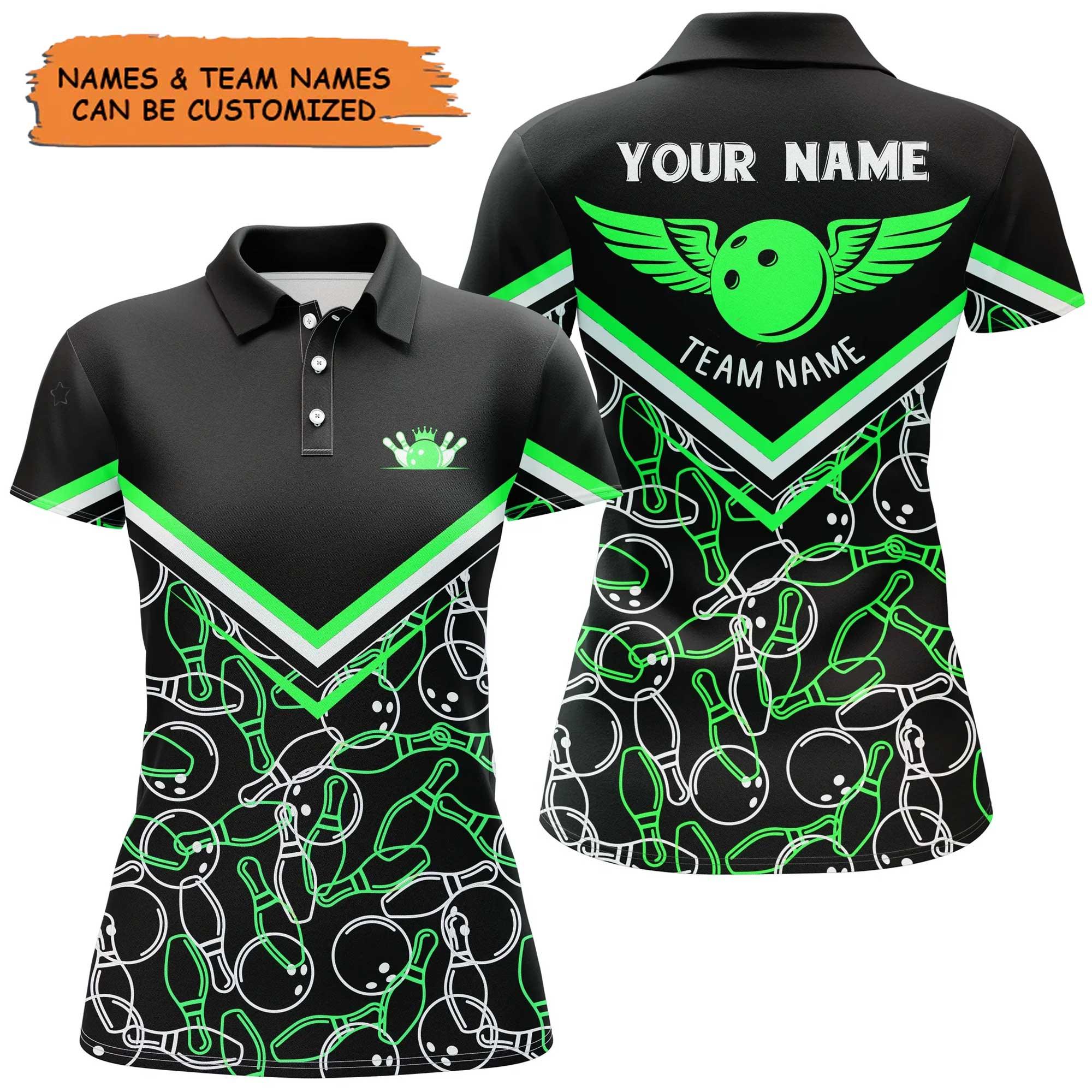 Bowling Women Polo Shirt Custom Name - Black Green Bowling Girl Personalized Bowling Polo Shirt - Gift For Friend, Family, Bowling Lovers