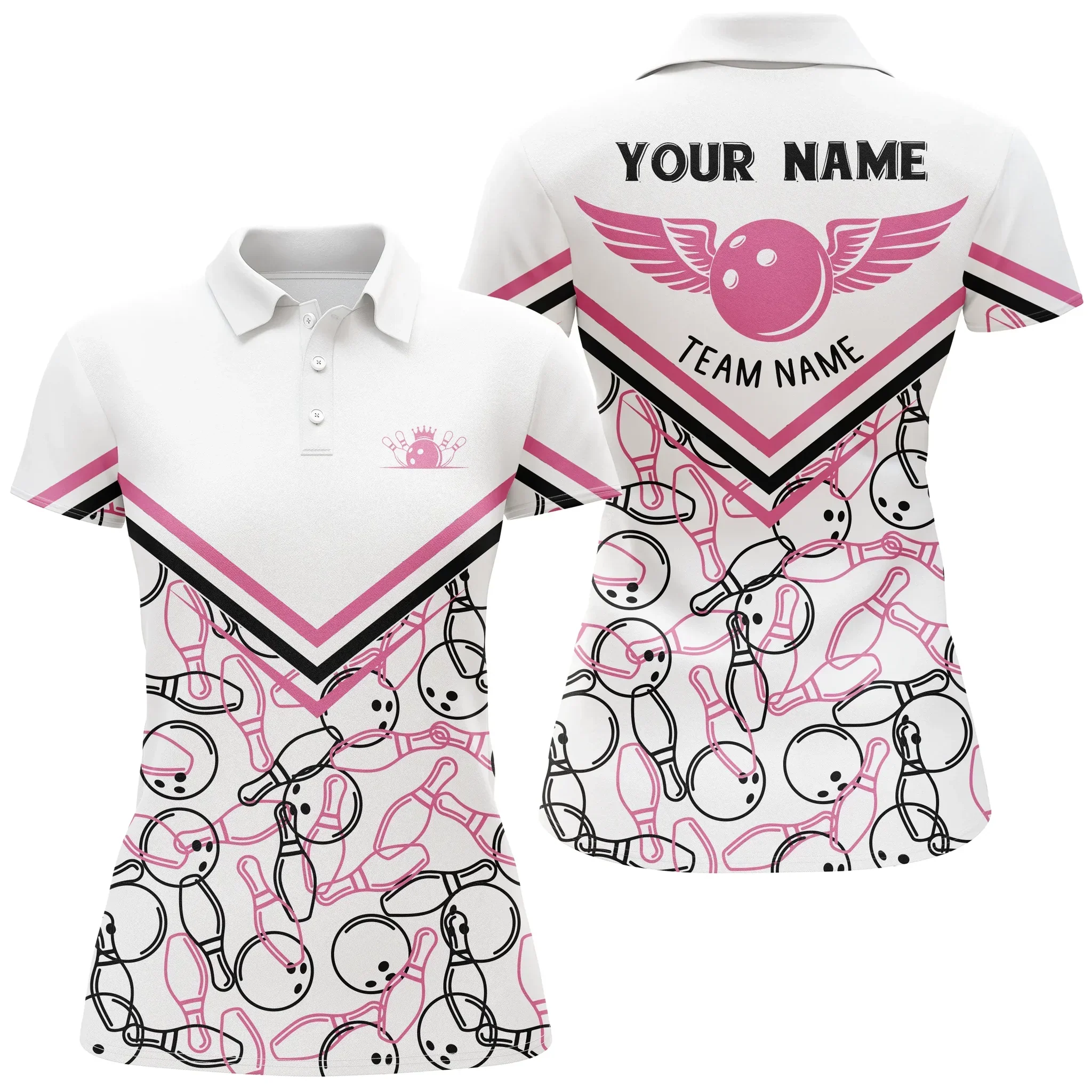 Bowling Women Polo Shirt Custom Name - Bowling White Pink Personalized Bowling Polo Shirt - Gift For Friend, Family, Bowling Lovers - Image 2