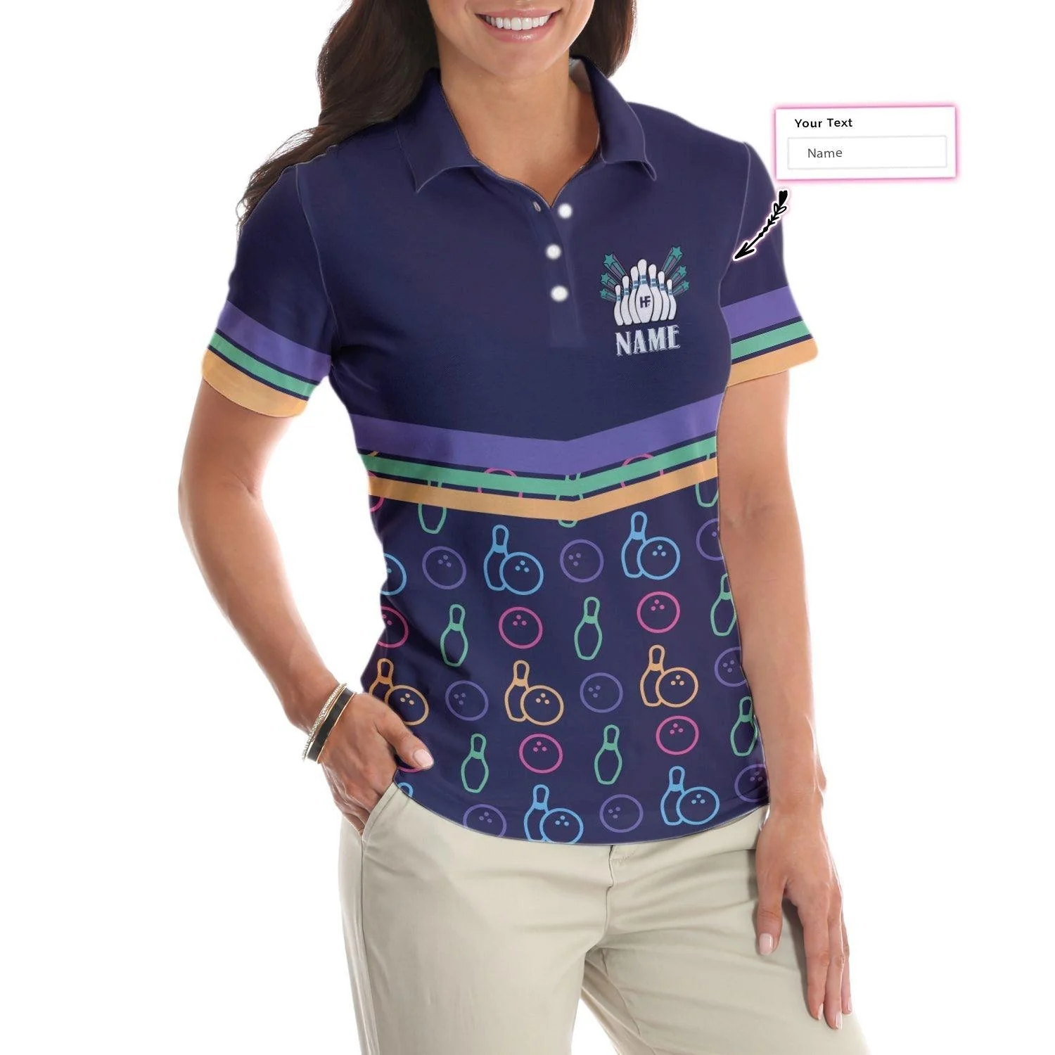 Bowling Women Polo Shirt Custom Name - Colorful Bowling Pattern Polo Shirt, Personalized Bowling Polo Shirt - Gift For Wife, Family, Bowling Lovers - Image 4