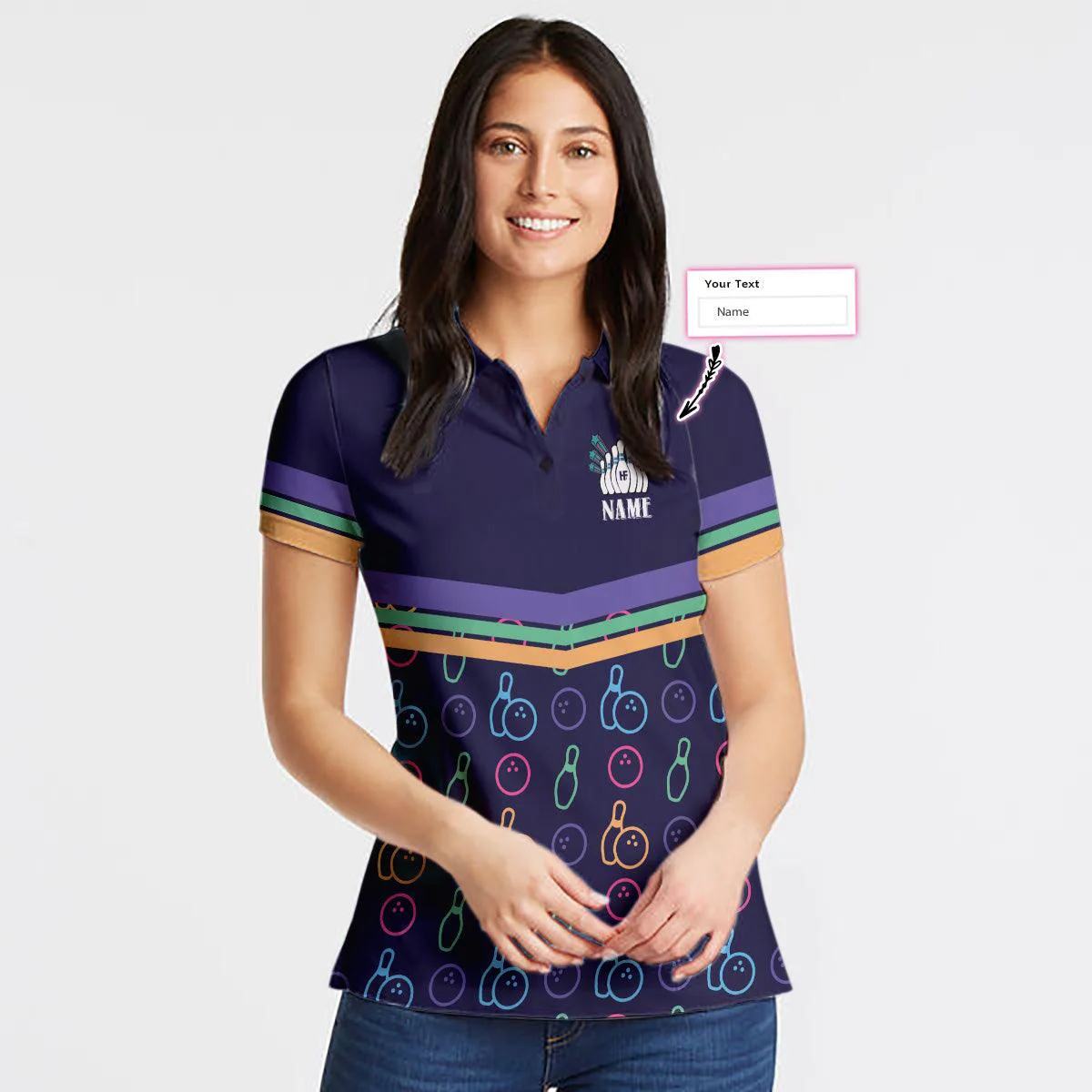 Bowling Women Polo Shirt Custom Name - Colorful Bowling Pattern Polo Shirt, Personalized Bowling Polo Shirt - Gift For Wife, Family, Bowling Lovers - Image 5