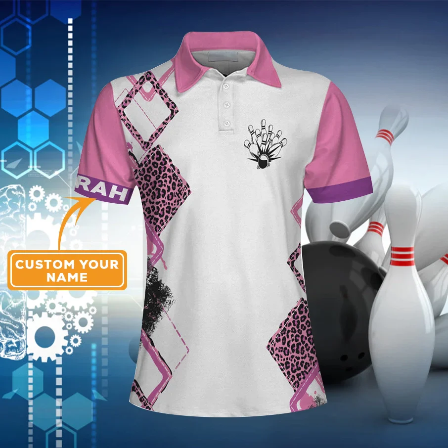 Bowling Women Polo Shirt Custom Name - Pink Leopard Personalized Bowling Polo Shirt - Gift For Wife, Family, Bowling Lovers - Best Bowling Polo Shirts Gift For Women - Image 2