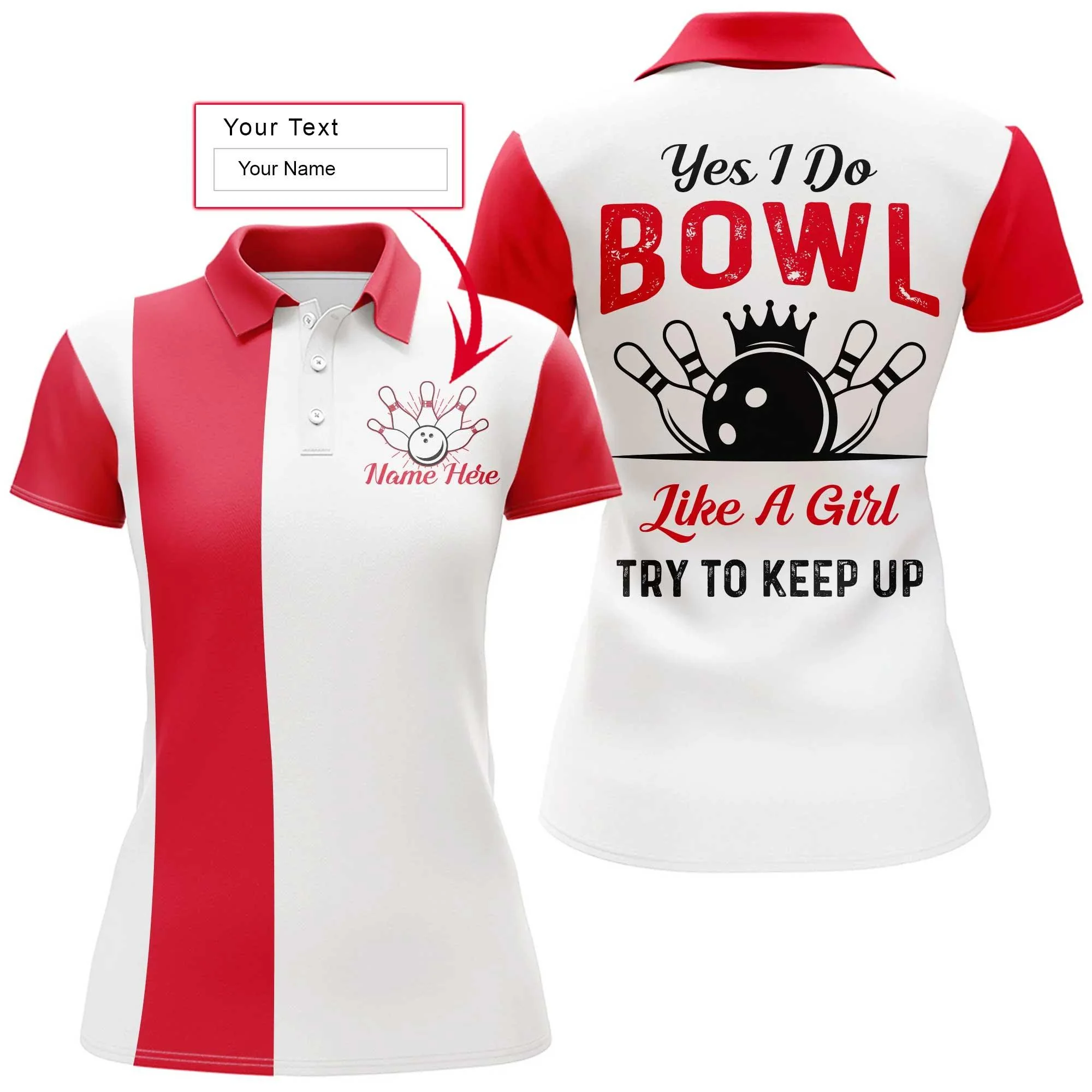 Bowling Women Polo Shirt Custom Name - Red And White Bowling Personalized Bowling Polo Shirt - Gift For Friend, Family, Bowling Lovers