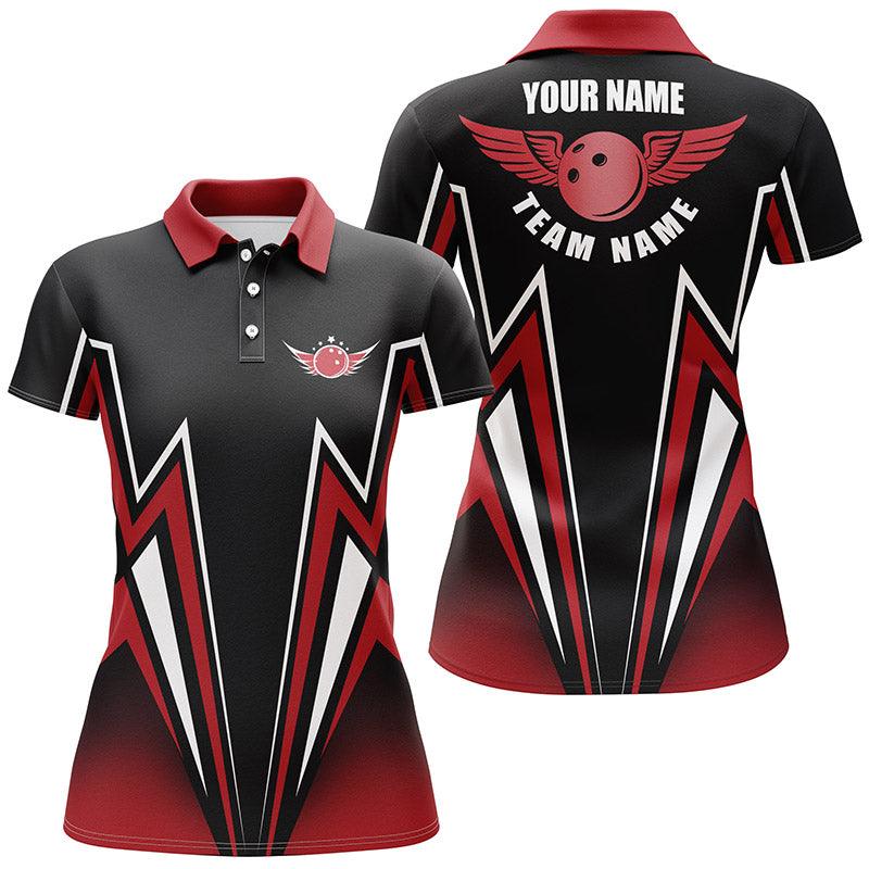 Bowling Women Polo Shirt Custom Name - Red Black Lightning Bowling Personalized Bowling Polo Shirt - Gift For Friend, Family, Bowling Lovers - Image 2