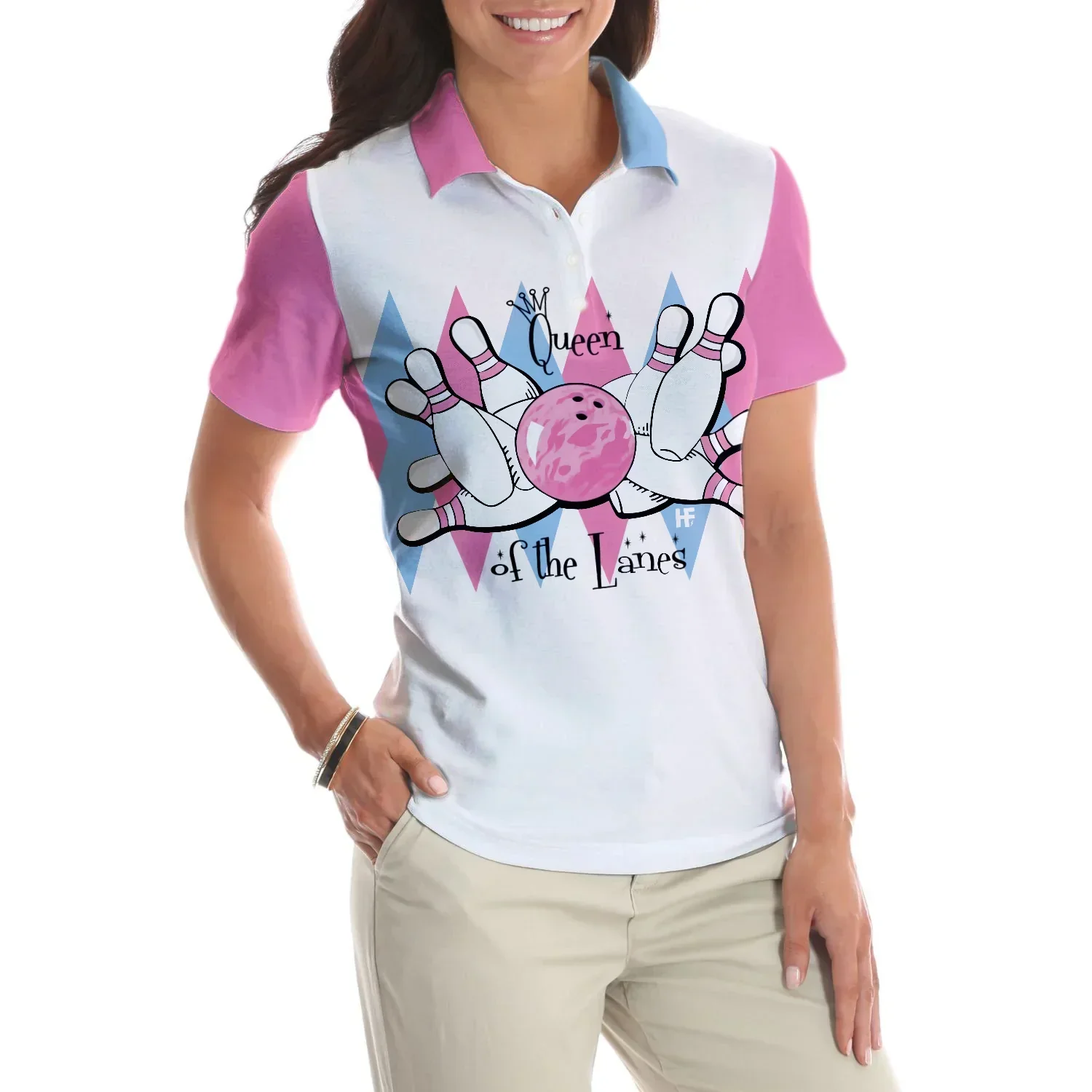 Bowling Women Polo Shirt - Queen Of The Lanes Pink And Blue Bowling Polo Shirt - Gift For Wife, Family, Bowling Lovers - Image 5