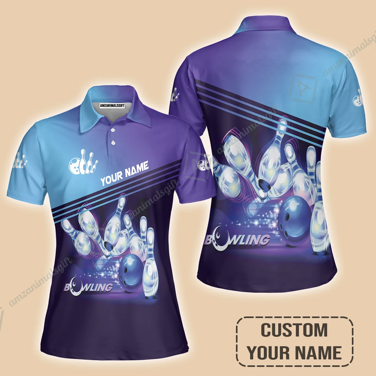 Bowling Women Polo Shirt With Custom Name, Personalized Blue Bowling Shirt Uniform Player, Best Gifts For Kids, Bowling Lovers, Bowlers - Image 2