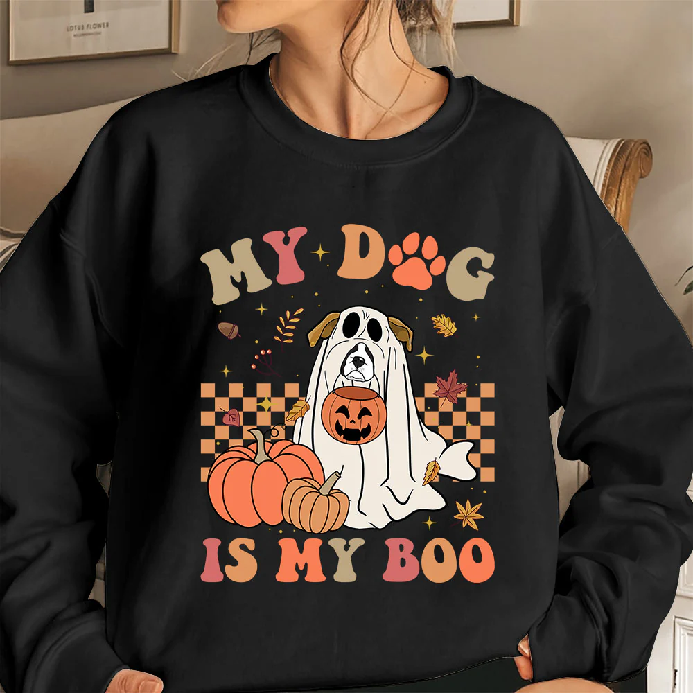 Boxer Sweatshirt, My Dog Is My Boo boxer Sweatshirt, Ghost Boxer Shirt, Boxer Halloween Sweatshirt - Image 4