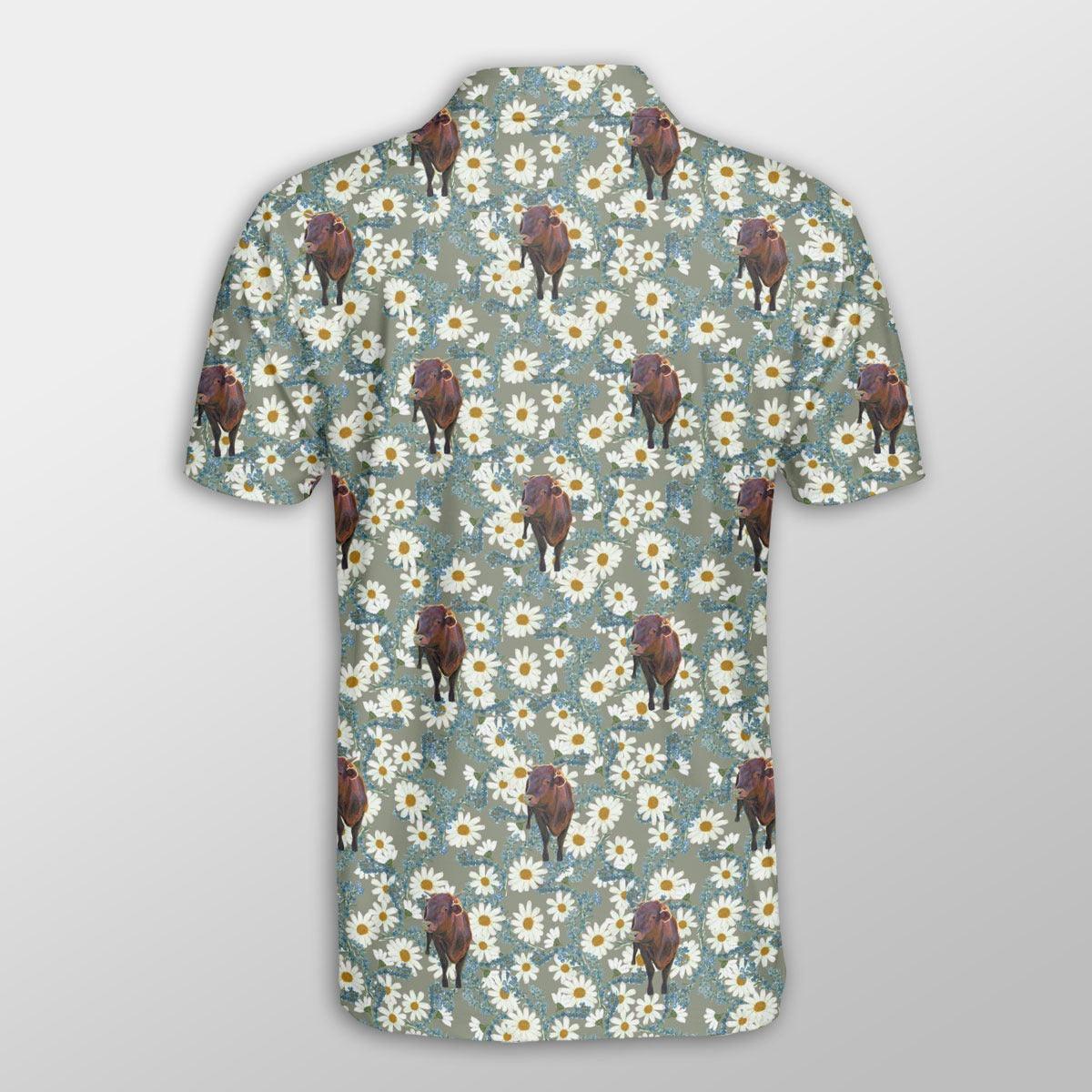 Brahman Men Polo Shirts For Summer - Brahman Camomilles Flower Grey Pattern Button Shirts For Men - Perfect Gift For Brahman Lovers, Cattle Lovers - Image 3