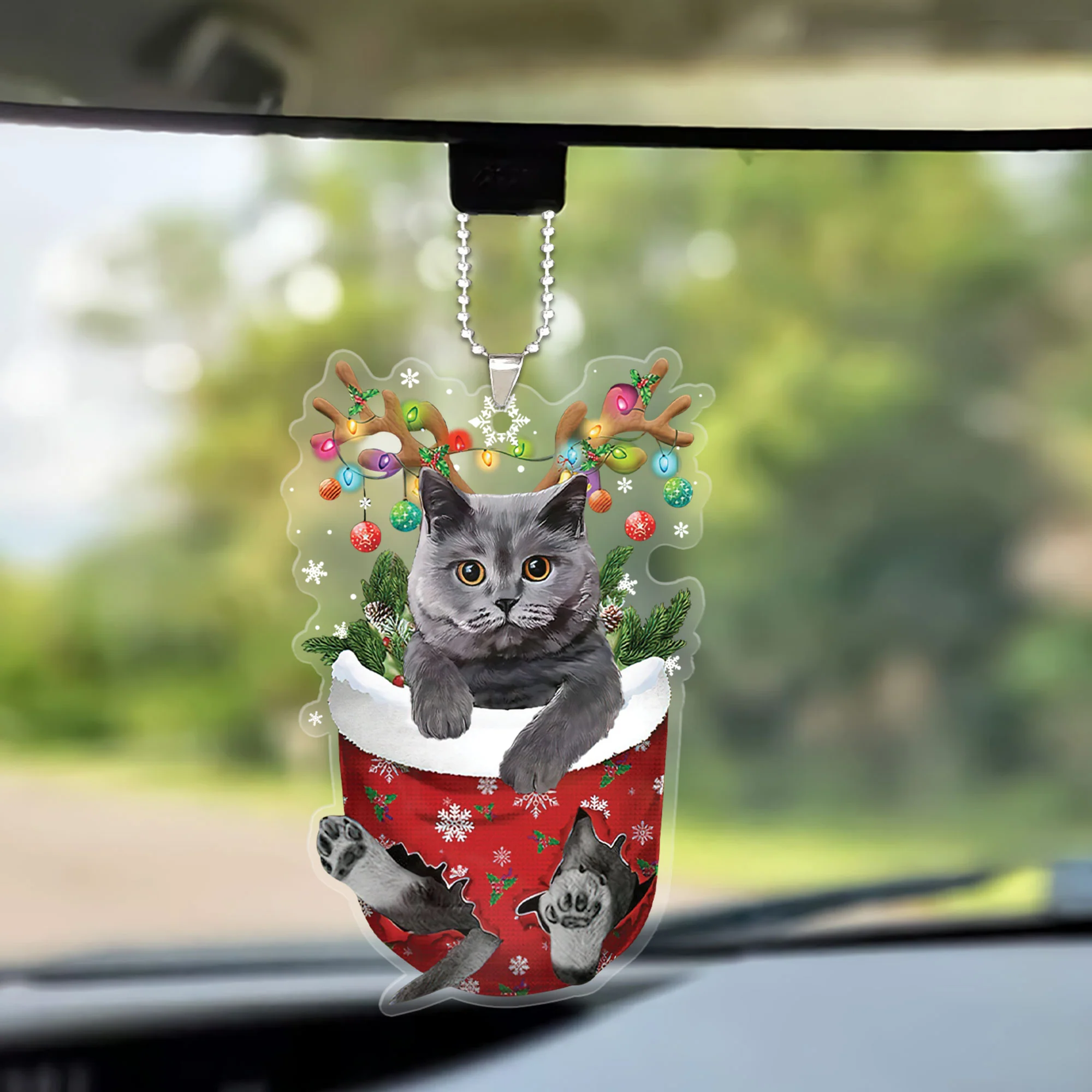 British Grey Cat In Snow Pocket Christmas Flat Cat Car Ornament- Best Gift For Cat Lovers - Image 2