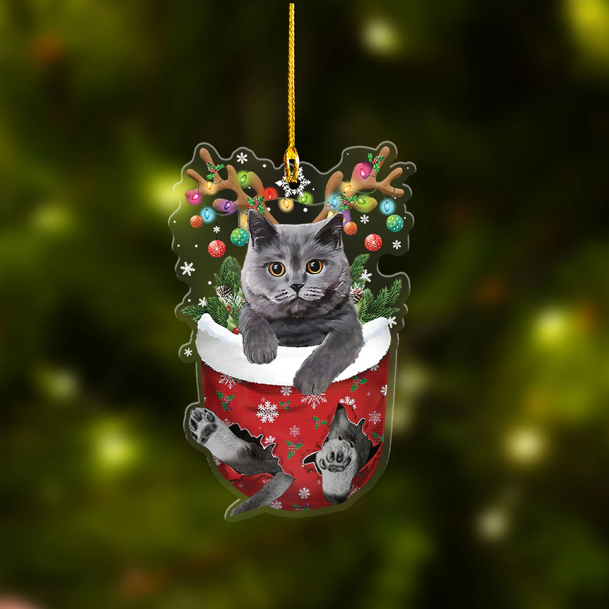 British Grey Cat In Snow Pocket Christmas Acrylic Keychain Flat Cat Keychain - Best Gift For Cat Lovers - Image 3