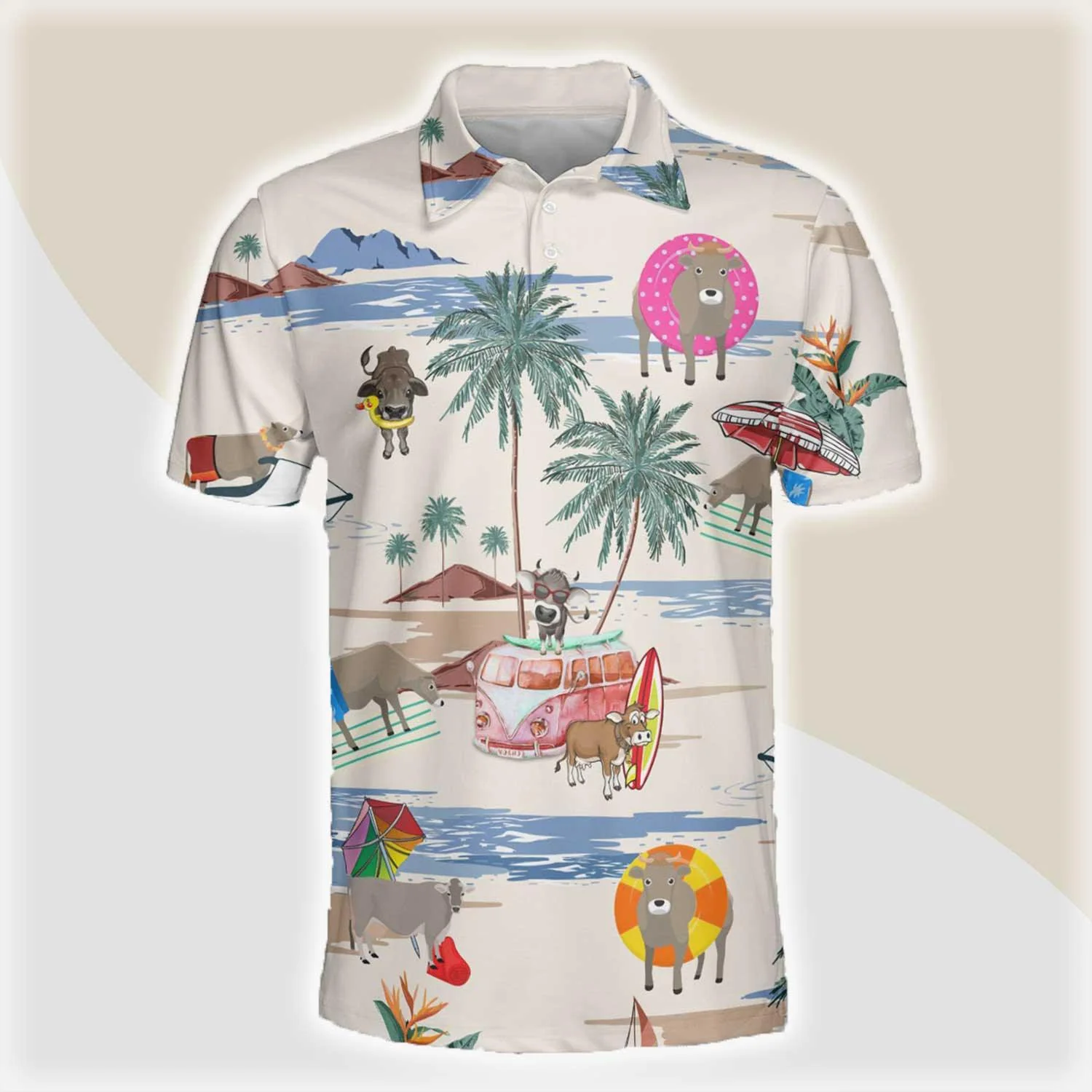 Brown Swiss Men Polo Shirts For Summer - Brown Swiss Summer Beach Pattern Button Shirts For Men - Perfect Gift For Charolais Lovers, Cattle Lovers