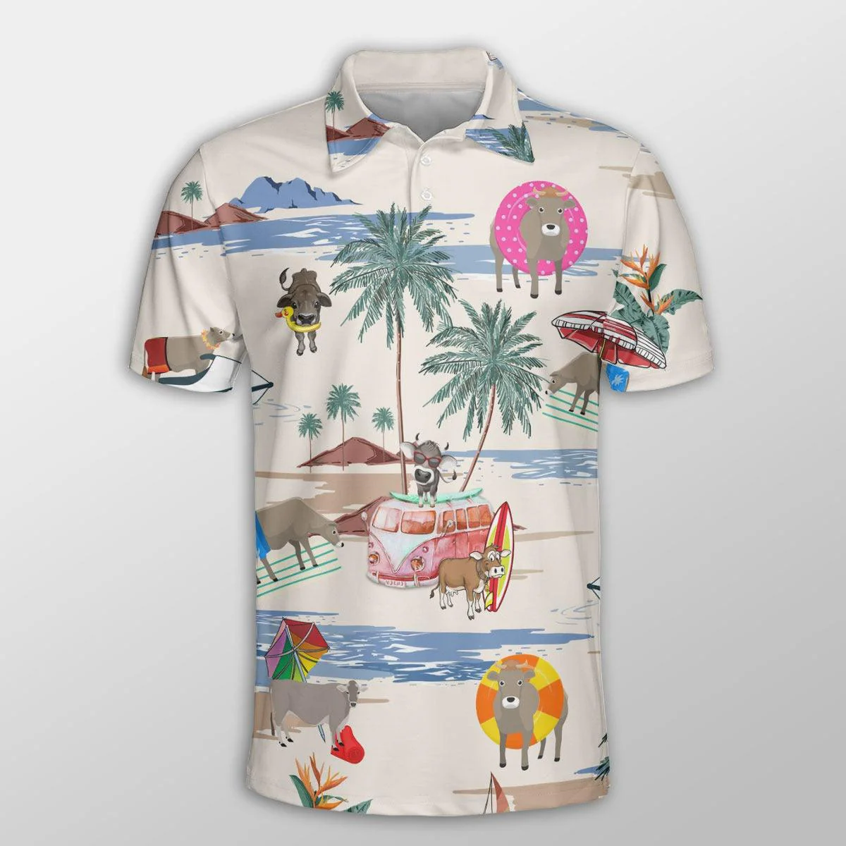 Brown Swiss Men Polo Shirts For Summer - Brown Swiss Summer Beach Pattern Button Shirts For Men - Perfect Gift For Charolais Lovers, Cattle Lovers - Image 2