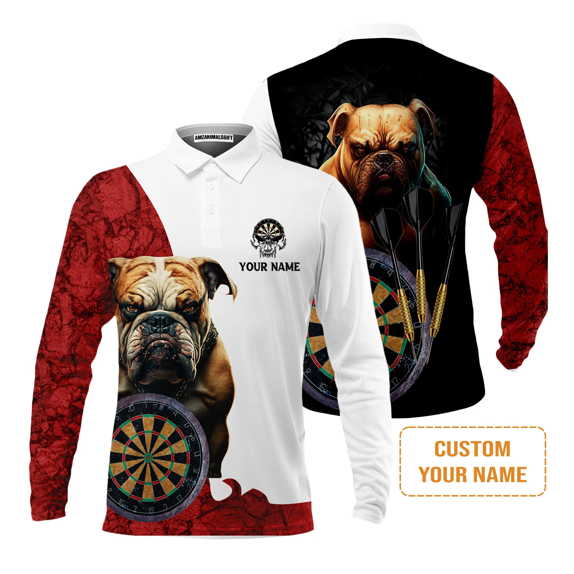 Bulldog And Darts Custom Name Men's Long Sleeve Polo Shirt, Bullseye Dartboard Personalized Long Sleeve Polo Shirt - Gift For Darts Lovers, Friends, Team, Dog Lovers - Image 2