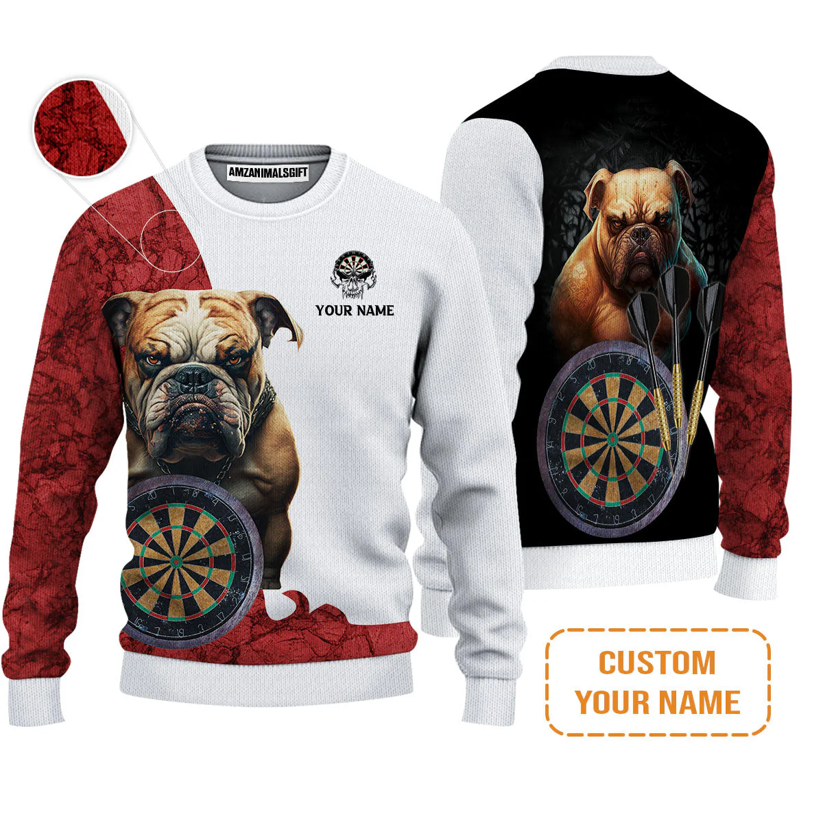 Bulldog And Darts Custom Name Men's Long Sleeve Polo Shirt, Bullseye Dartboard Personalized Long Sleeve Polo Shirt - Gift For Darts Lovers, Friends, Team, Dog Lovers - Image 4