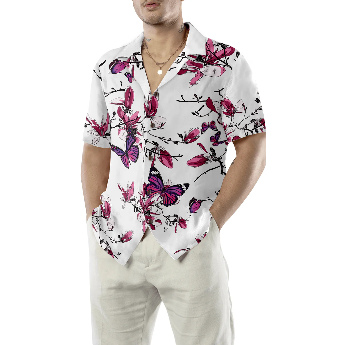 Butterfly Hawaiian Shirt, Tropical Flowers, Floral Butterfly Pattern Aloha Shirt For Men - Perfect Gift For Husband, Boyfriend, Friend, Family - Image 5