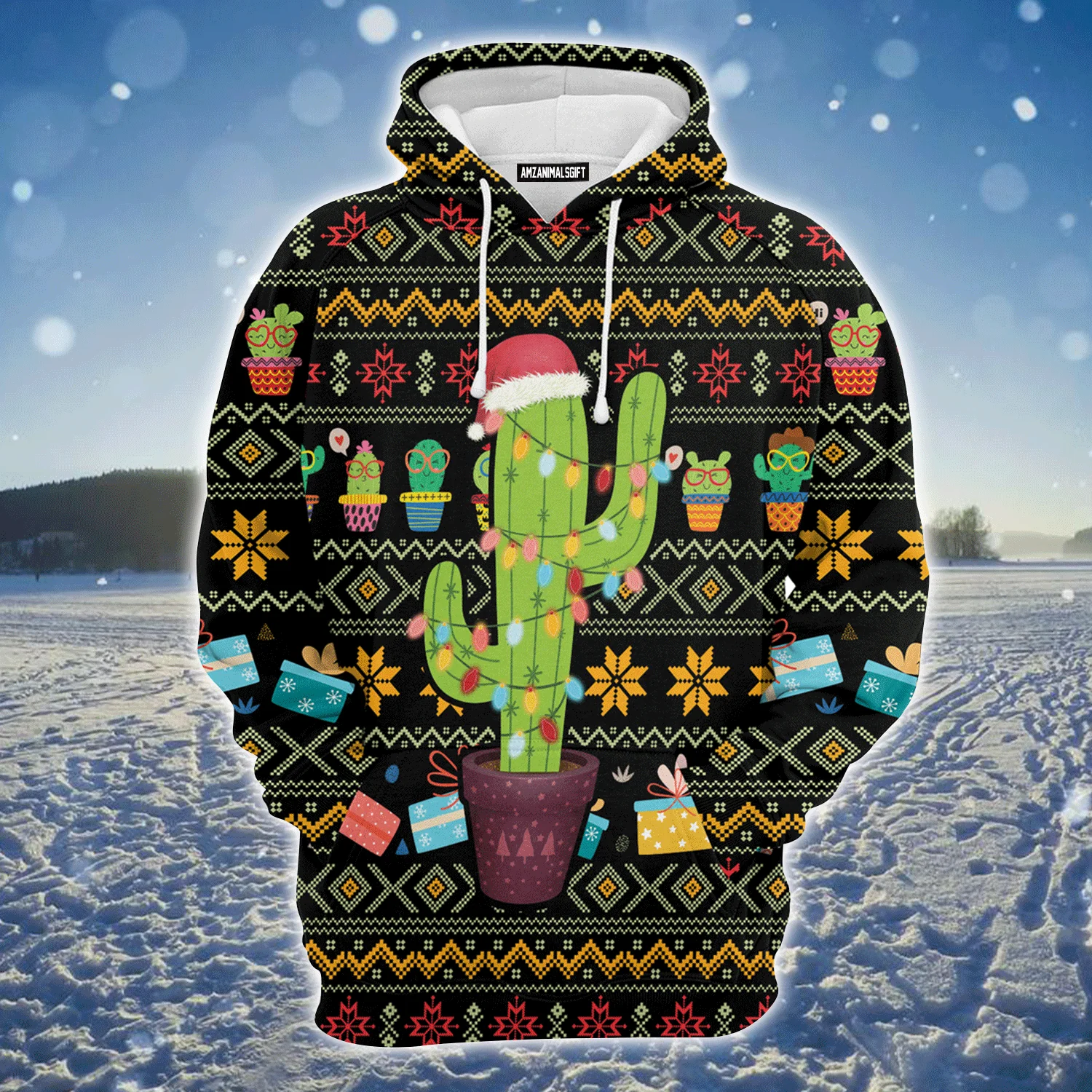Cactus Premium Christmas Hoodie, Cactus Light Xmas Christmas Unisex Hoodie For Men & Women - Perfect Gift For Christmas, Friends, Family - Image 2