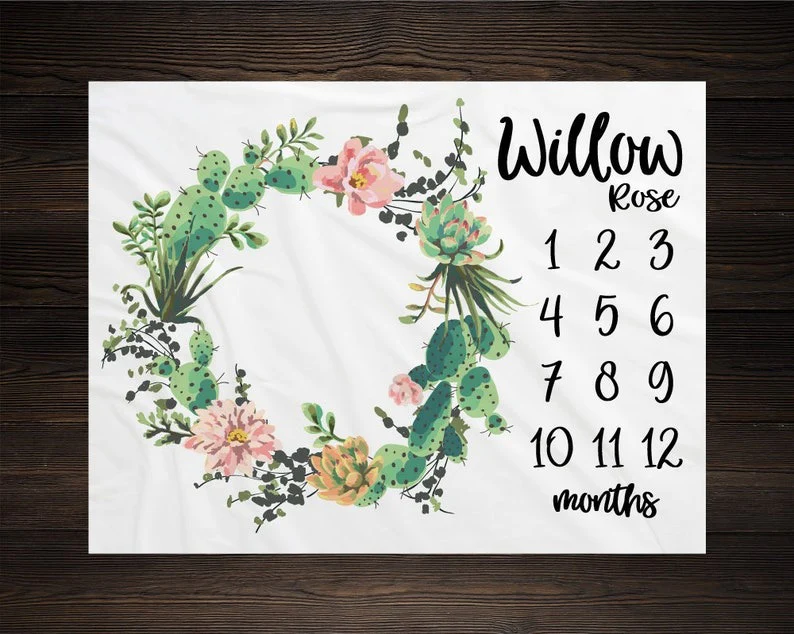 Cactus Wreath Baby Kids Milestone Blanket With Customized Name For Baby Girl Nursery, Daughter, Granddaughter, Month Gifts