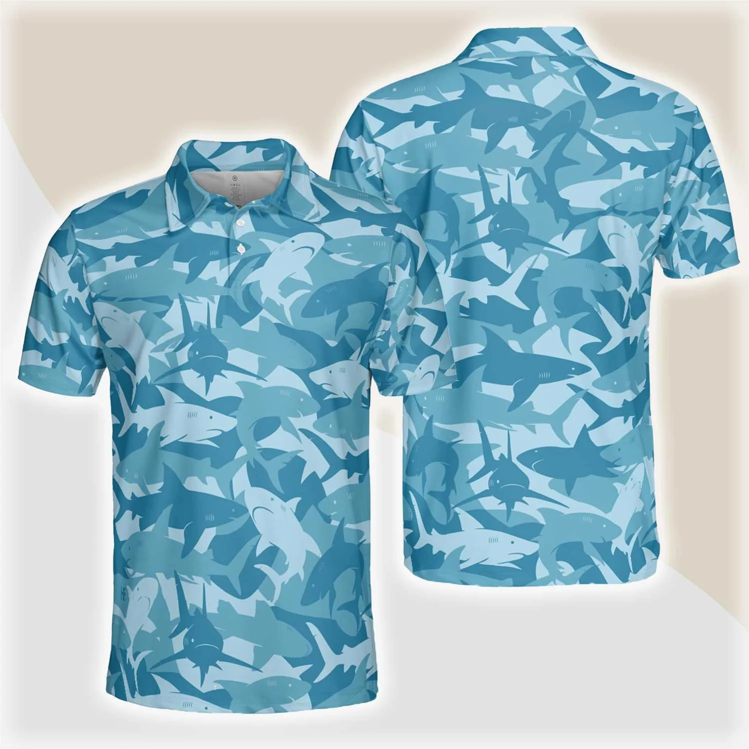 Camouflage Ocean Shark Pattern Short Sleeve Polo Shirt, Camo Aqua Polo Shirt, Best Shark Shirt For Men