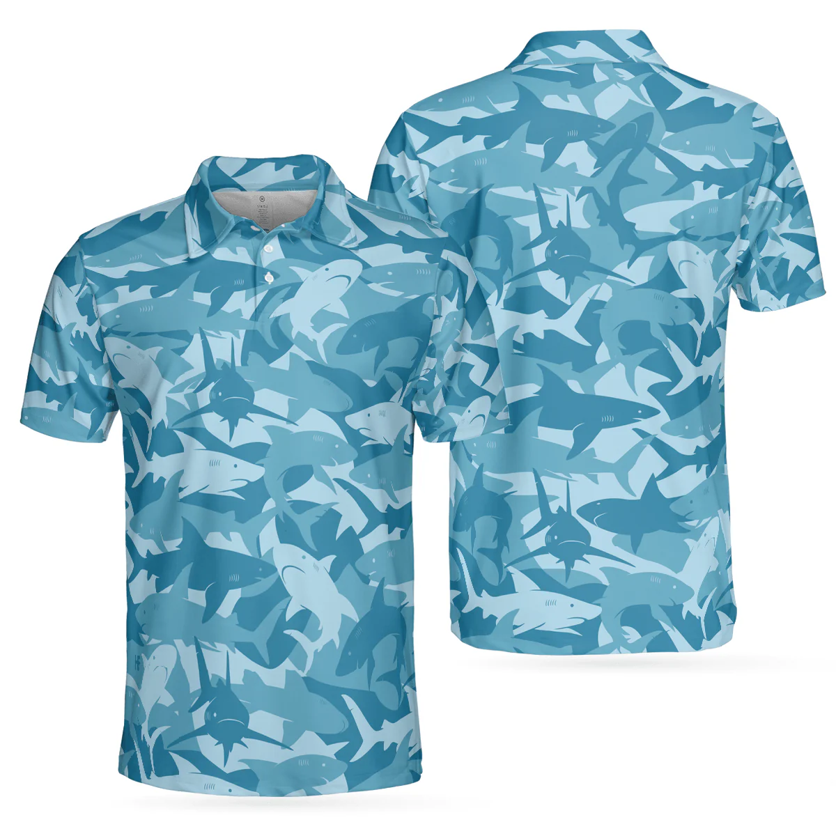 Camouflage Ocean Shark Pattern Short Sleeve Polo Shirt, Camo Aqua Polo Shirt, Best Shark Shirt For Men - Image 2
