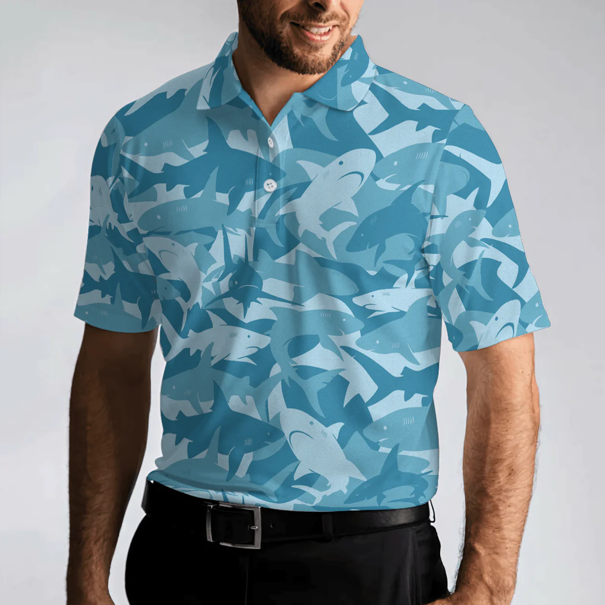 Camouflage Ocean Shark Pattern Short Sleeve Polo Shirt, Camo Aqua Polo Shirt, Best Shark Shirt For Men - Image 5