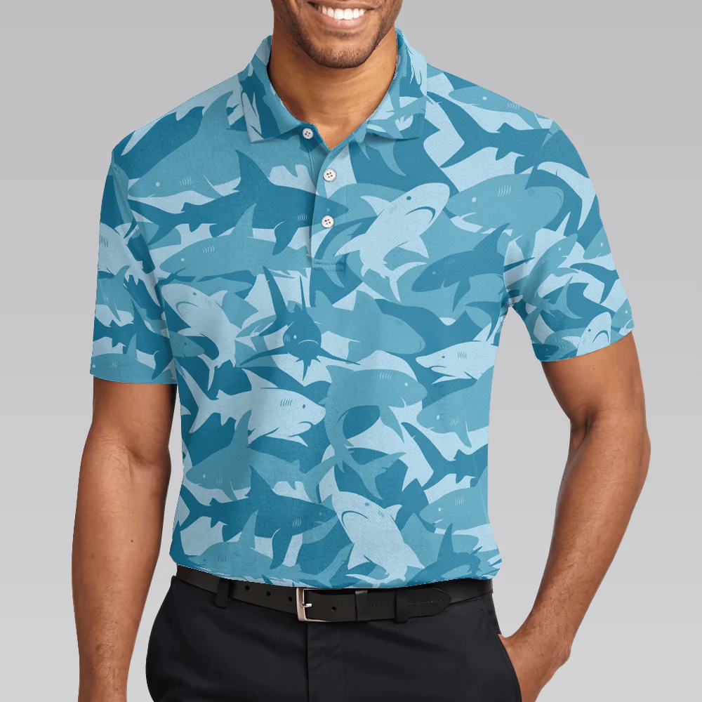 Camouflage Ocean Shark Pattern Short Sleeve Polo Shirt, Camo Aqua Polo Shirt, Best Shark Shirt For Men - Image 6