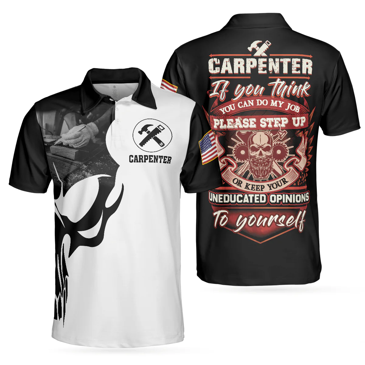 Carpenter Proud Skull Short Sleeve Black And White Polo Shirt, American Flag Polo Shirt, Best Carpenter Shirt For Men - Image 2