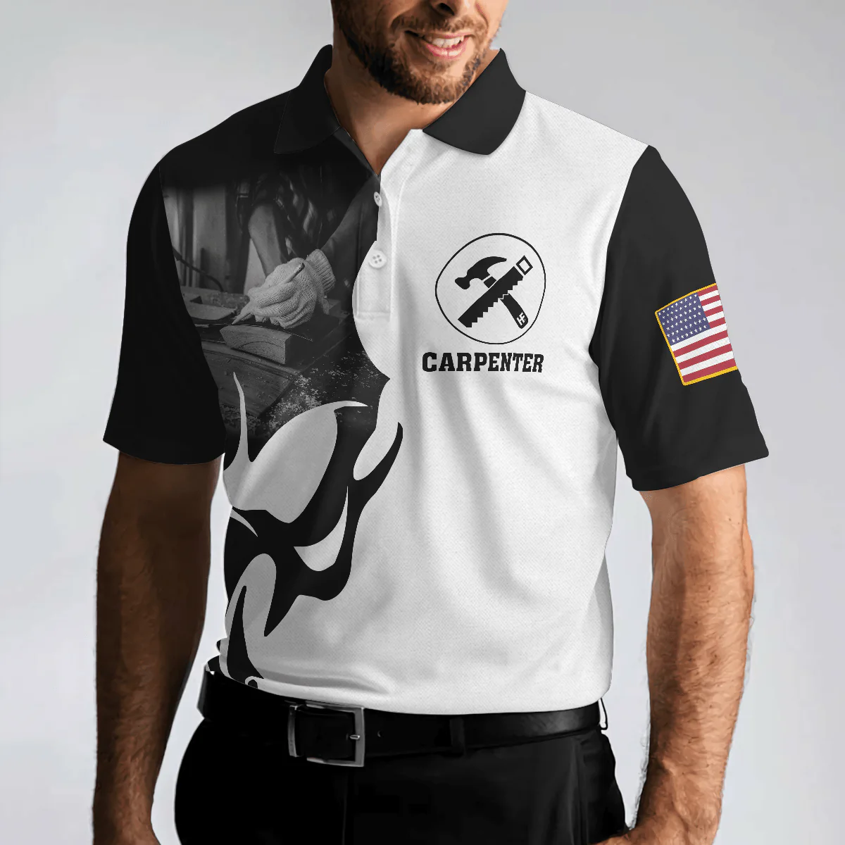 Carpenter Proud Skull Short Sleeve Black And White Polo Shirt, American Flag Polo Shirt, Best Carpenter Shirt For Men - Image 5