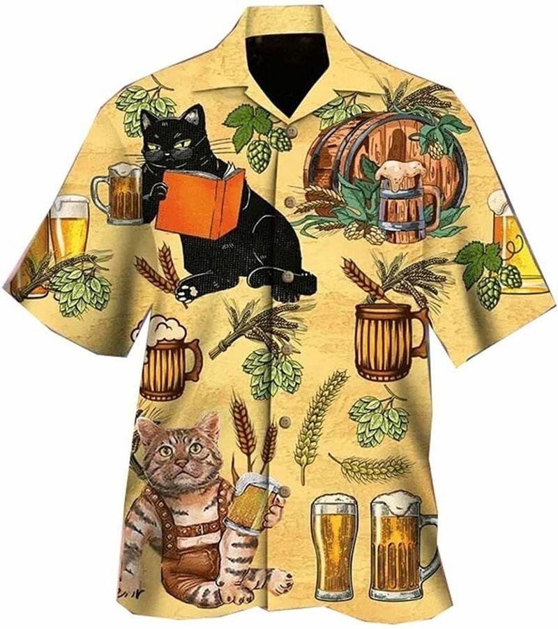 Cat Aloha Hawaiian Shirt - Black Cat & Beer Hawaiian Shirt, Funny Cat Beach Hawaiian Shirt For Men & Women, Cat Lover