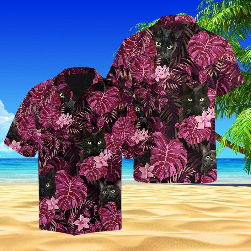Cat Aloha Hawaiian Shirt - Black Cat Hawaiian Shirt, Purple Hibiscus Hawaiian Shirt For Men & Women, Cat Lover