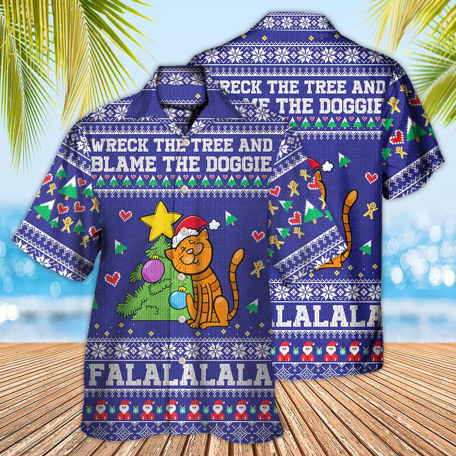 Cat Aloha Hawaiian Shirt For Summer, Cat Christmas Ugly Pattern Blue, Cat Wreck The Tree And Blame The Doggies Hawaiian Shirts Outfit For Men Women, Cat Lovers - Image 3