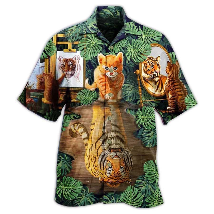 Cat And Tiger Hawaiian Shirt For Summer, Monstera Leaves, Best Colorful Cool Cat Hawaiian Shirts Outfit For Men Women, Friend, Team, Cat Lover - Image 3