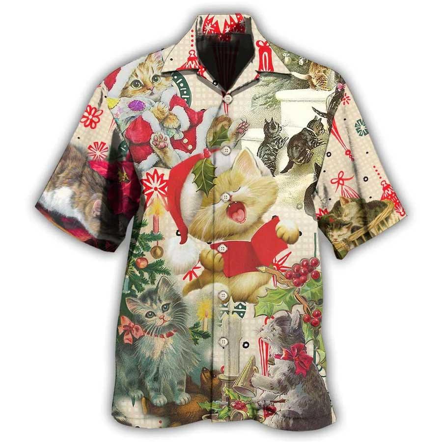 Cat Christmas Aloha Hawaiian Shirt For Summer, Cat Sing A Song Merry Christmas Hawaiian Shirts Outfit For Men Women, Friend, Team, Cat Lovers - Image 2