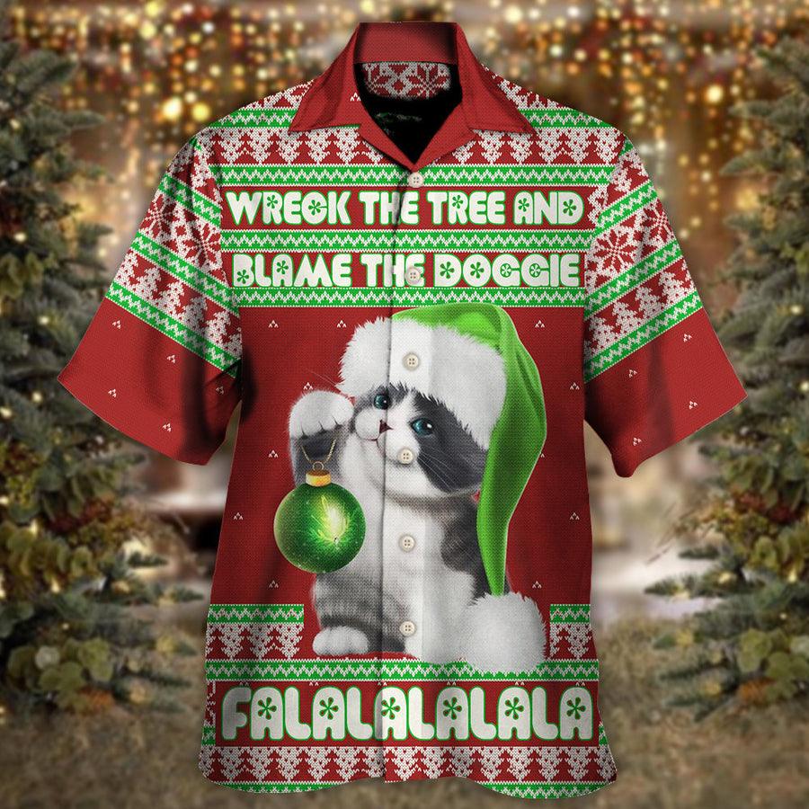 Cat Christmas Hawaiian Shirt For Summer, Cat Funny Red Style, Cat Wreck The Tree And Blame The Doggies Hawaiian Shirts Outfit For Men Women