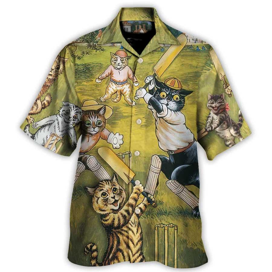 Cat Cricket Hawaiian Shirt For Summer, Cat Play Cricket Funny We Love Cricket Hawaiian Shirts Outfit For Men Women, Friend, Team, Cat Lovers - Image 3