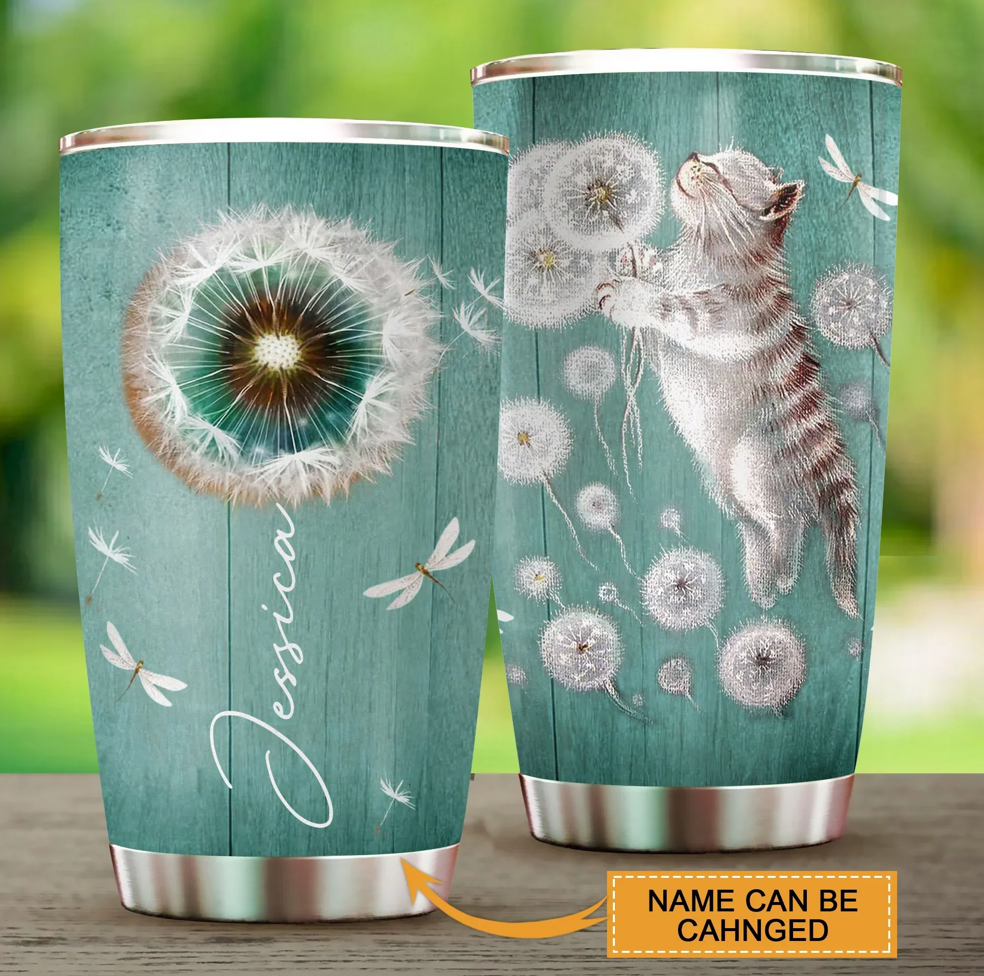 Cat Custom Name Tumbler, Kitten Dandelion, Personalized Gift for Cat Lovers, Cat Mom Dad, Mother's Day, Couples