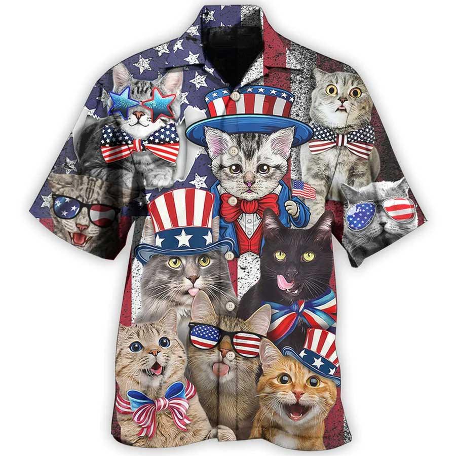 Cat Hawaiian Shirt For Summer, Cat American Flag Independence, Best Cat Hawaiian Shirts Outfit For Men Women, Friend, Cat Lover, 4th July