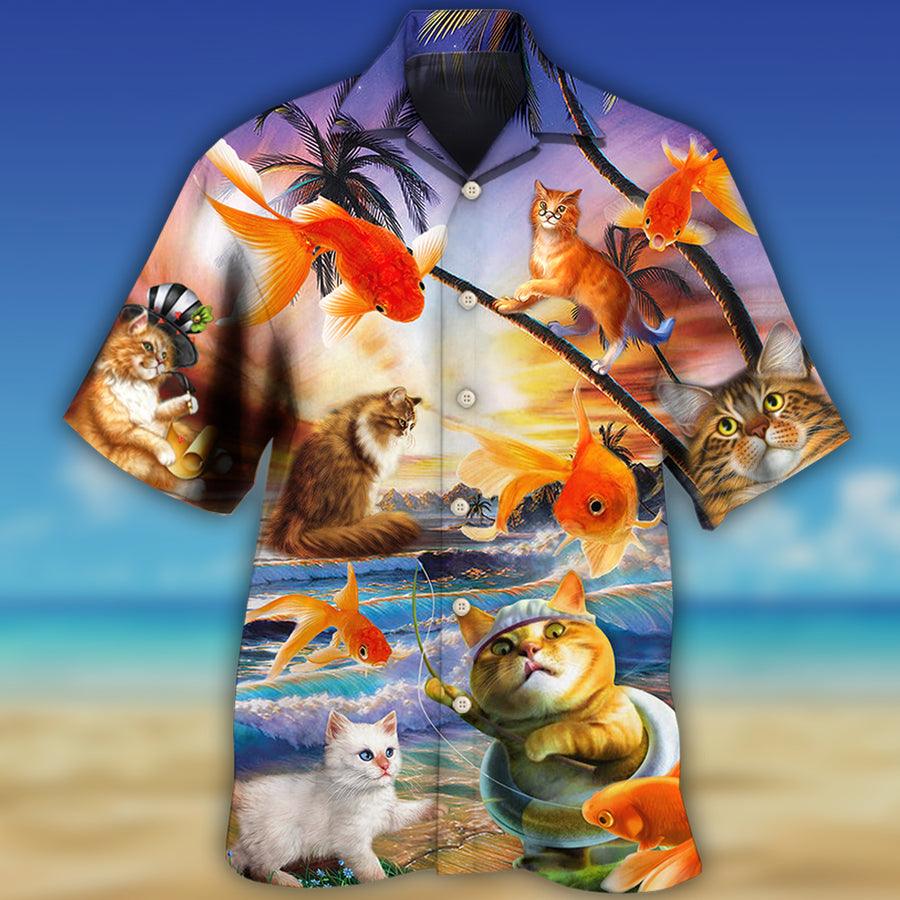 Cat Hawaiian Shirt For Summer, Cat Catches Fish Style, Best Colorful Cool Cat Hawaiian Shirts Outfit For Men Women, Friend, Team, Cat Lover