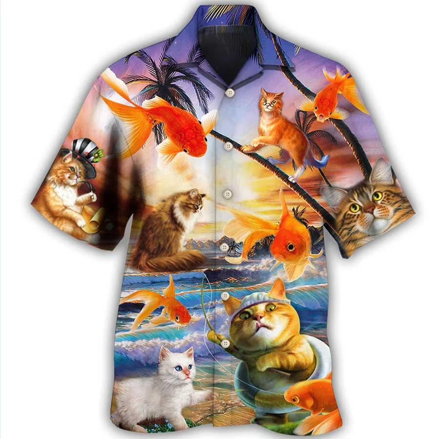 Cat Hawaiian Shirt For Summer, Cat Catches Fish Style, Best Colorful Cool Cat Hawaiian Shirts Outfit For Men Women, Friend, Team, Cat Lover - Image 3
